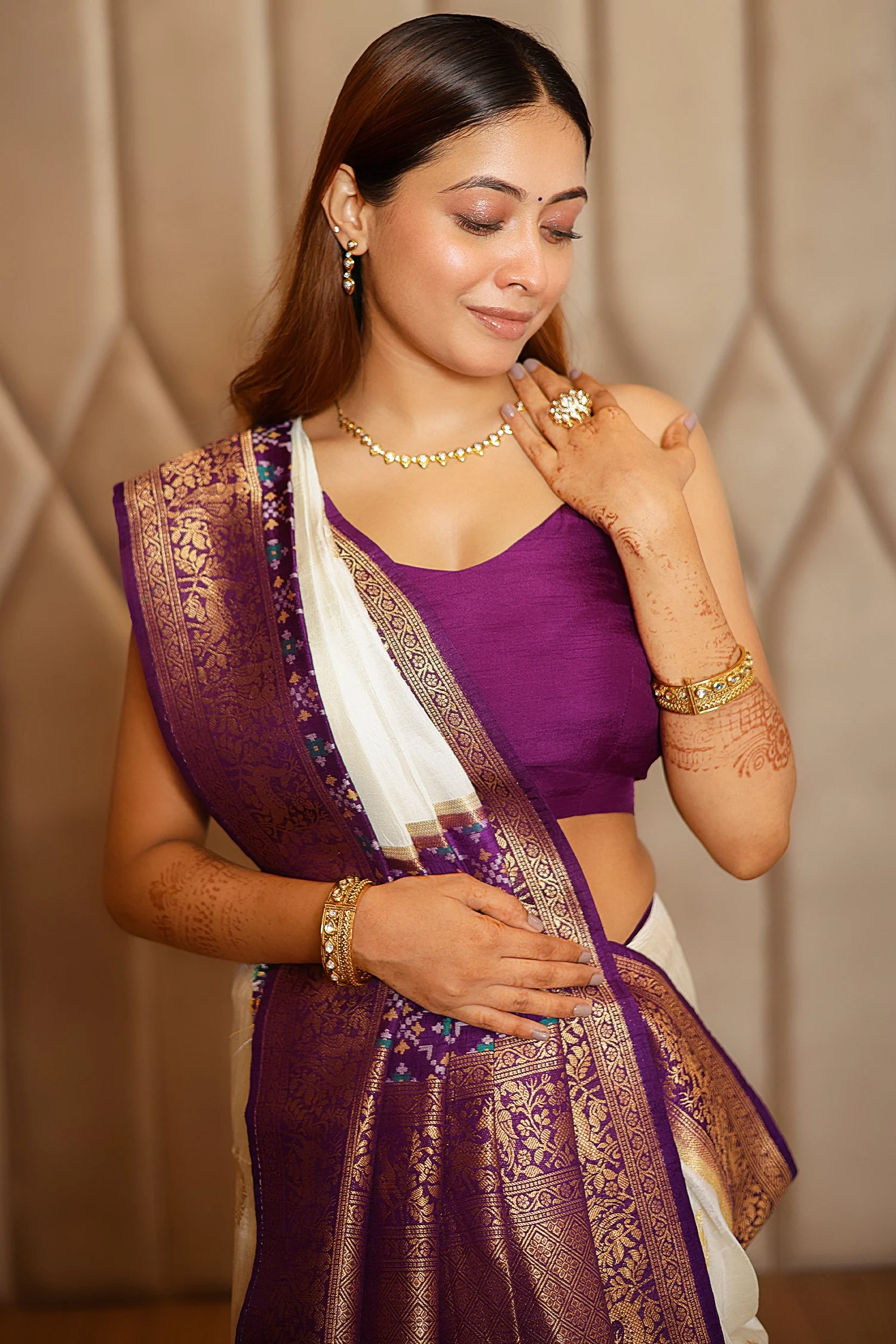 Off White Dola Silk Saree with Contrast Patola Border - Image 4