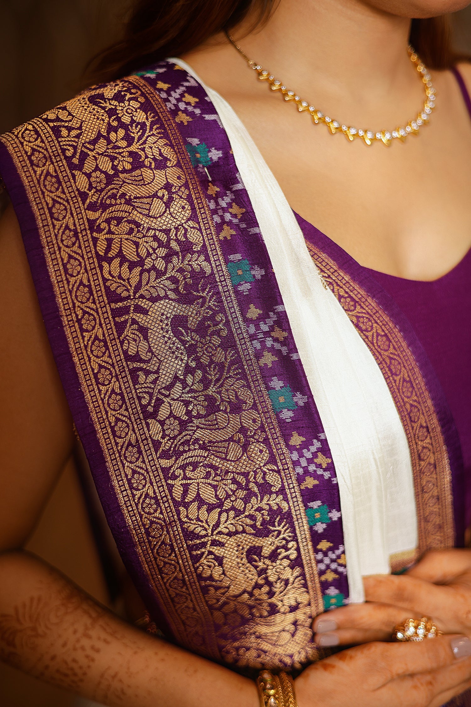 Off White Dola Silk Saree with Contrast Patola Border - Image 5