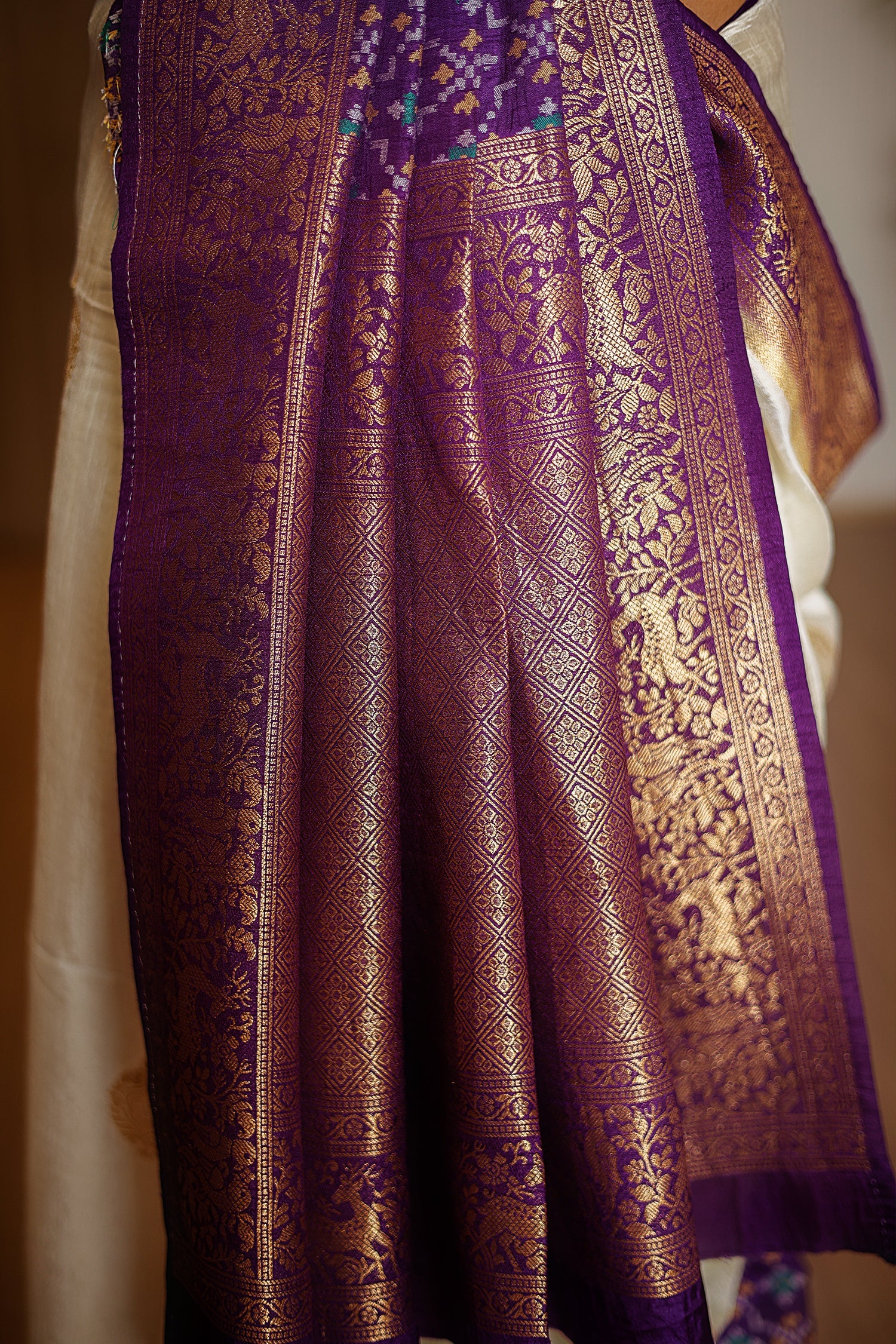Off White Dola Silk Saree with Contrast Patola Border - Image 6