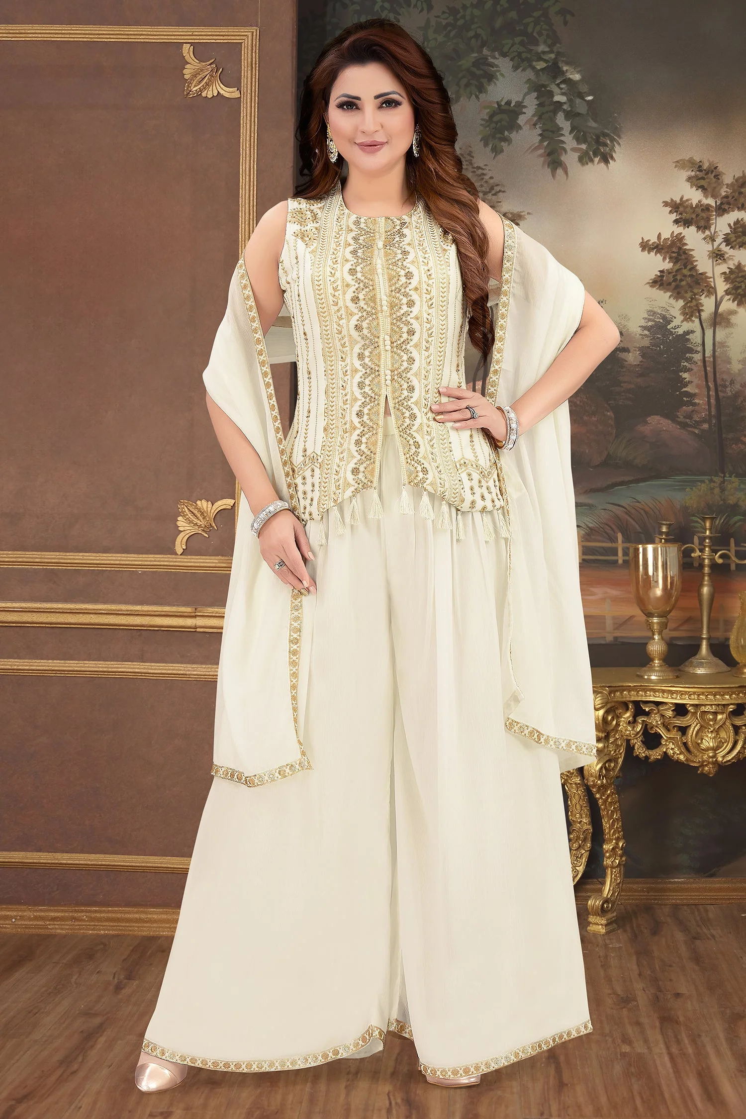 Off White Georgette Embroidered Palazzo Suit - Image 2