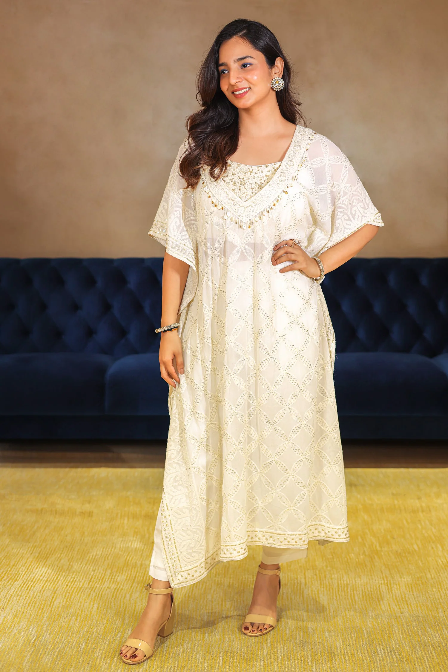 Off White Georgette Lucknowi Sequin Worked Kaftan Set - Image 3