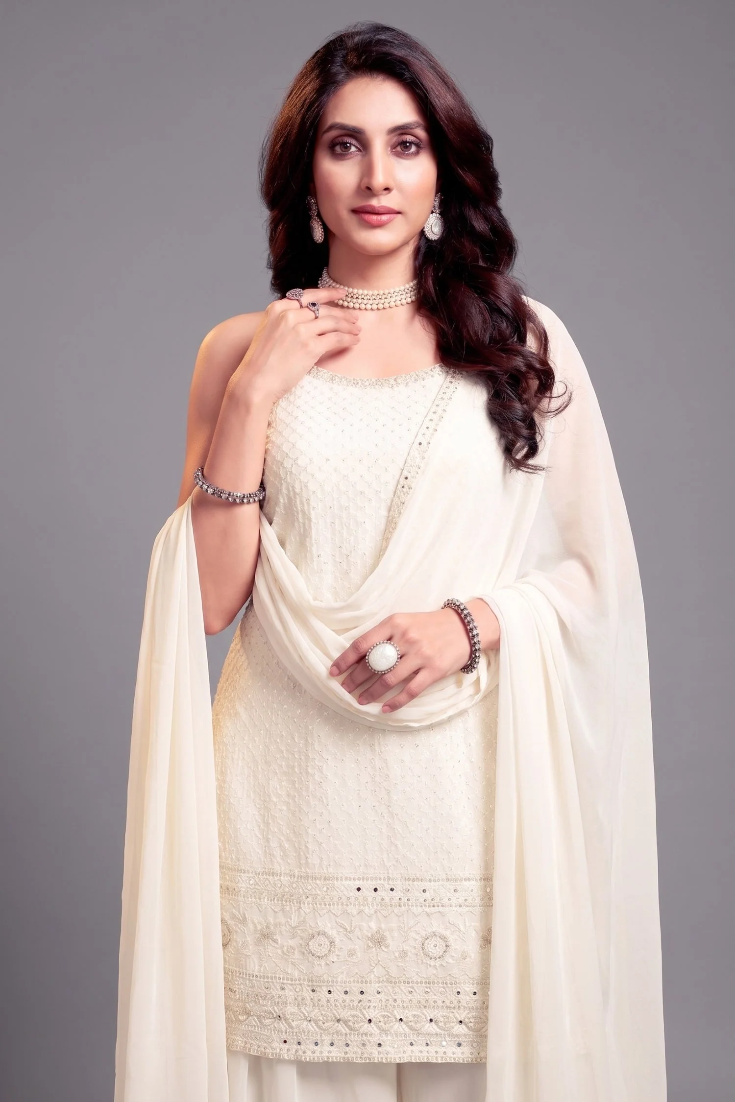 Off White Georgette Lucknowi Worked Palazzo Suit - Image 2