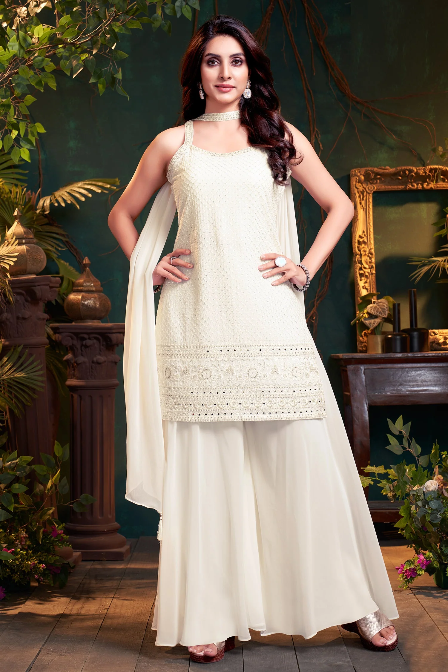Off White Georgette Lucknowi Worked Palazzo Suit - Image 3