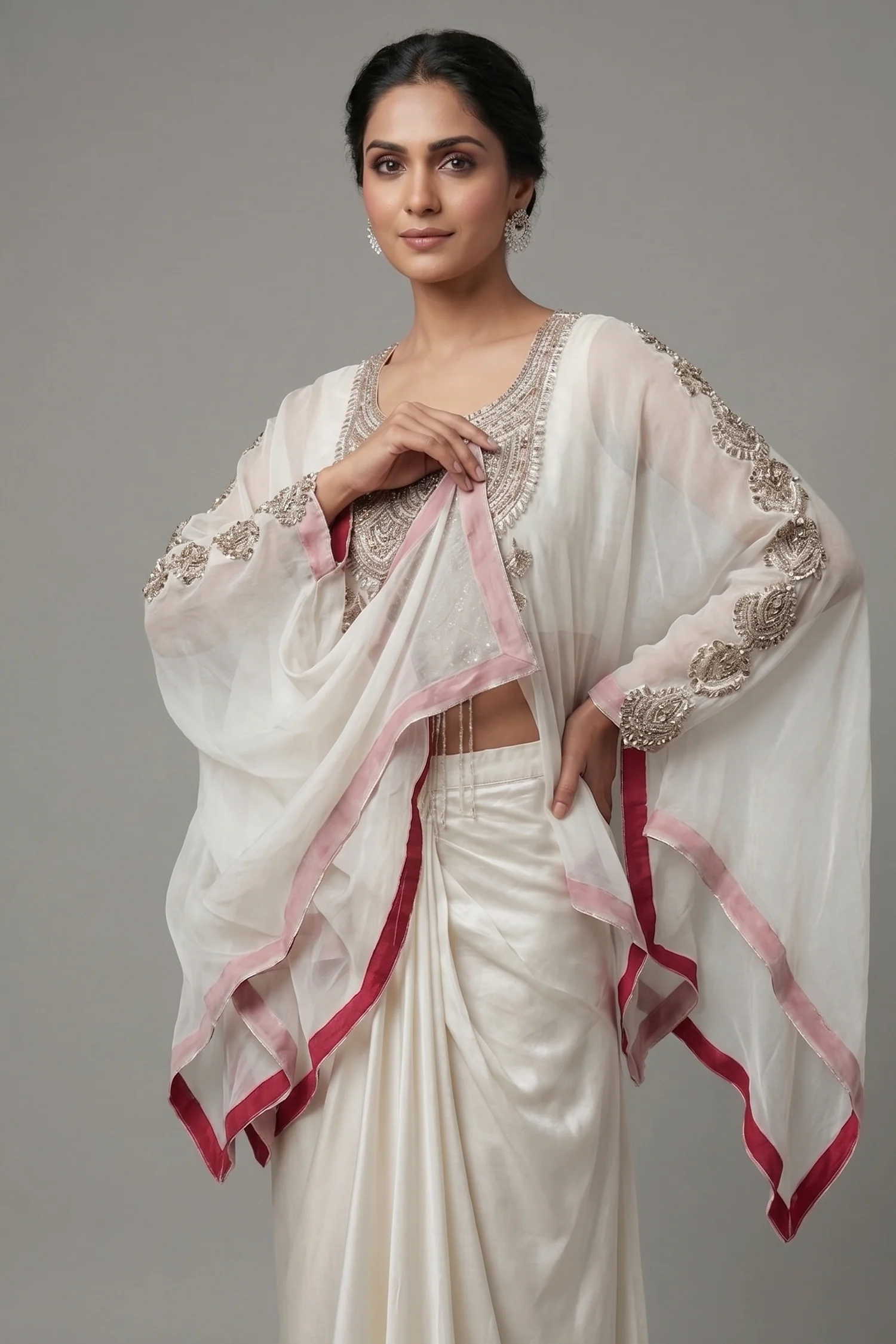 Off White Georgette Organza Asymmetric Sequinned Top and Dhoti Skirt Set - Image 2
