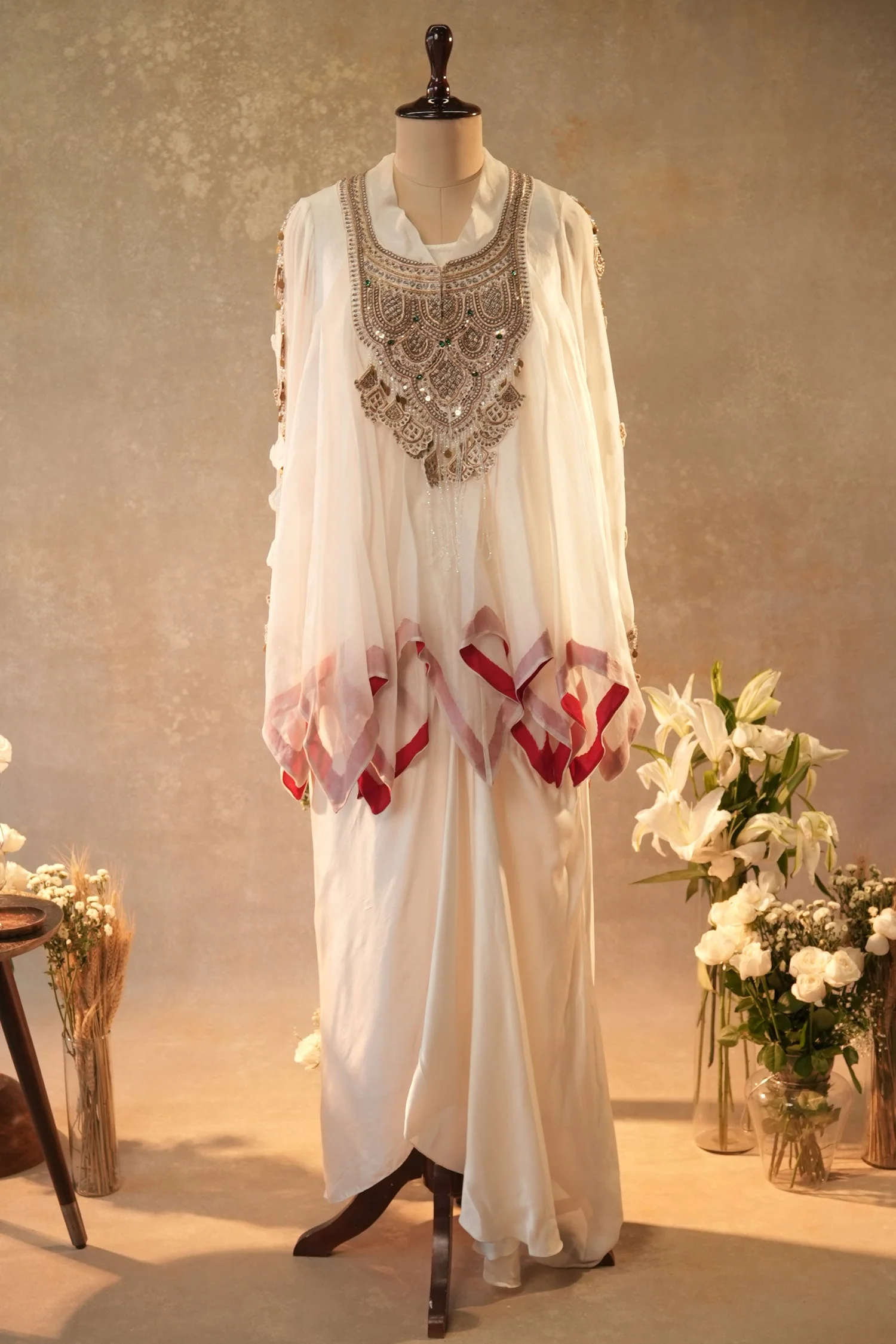 Off White Georgette Organza Asymmetric Sequinned Top and Dhoti Skirt Set - Image 3