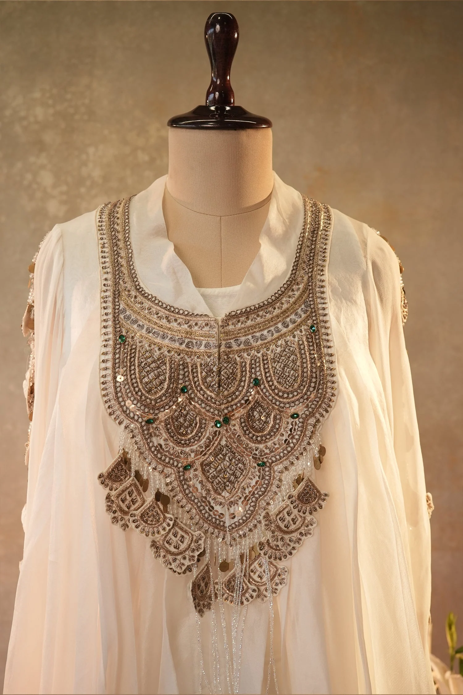 Off White Georgette Organza Asymmetric Sequinned Top and Dhoti Skirt Set - Image 4
