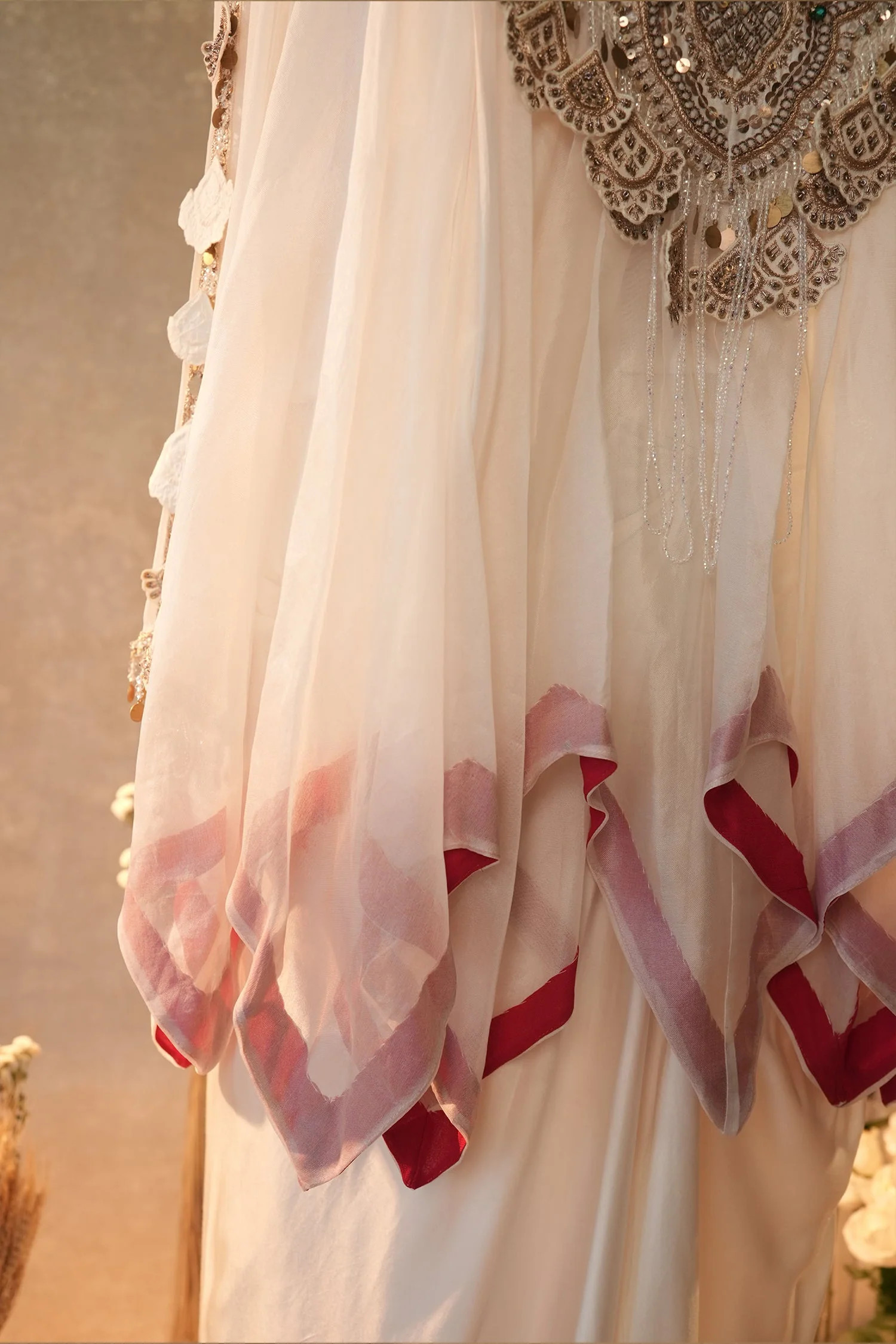 Off White Georgette Organza Asymmetric Sequinned Top and Dhoti Skirt Set - Image 5