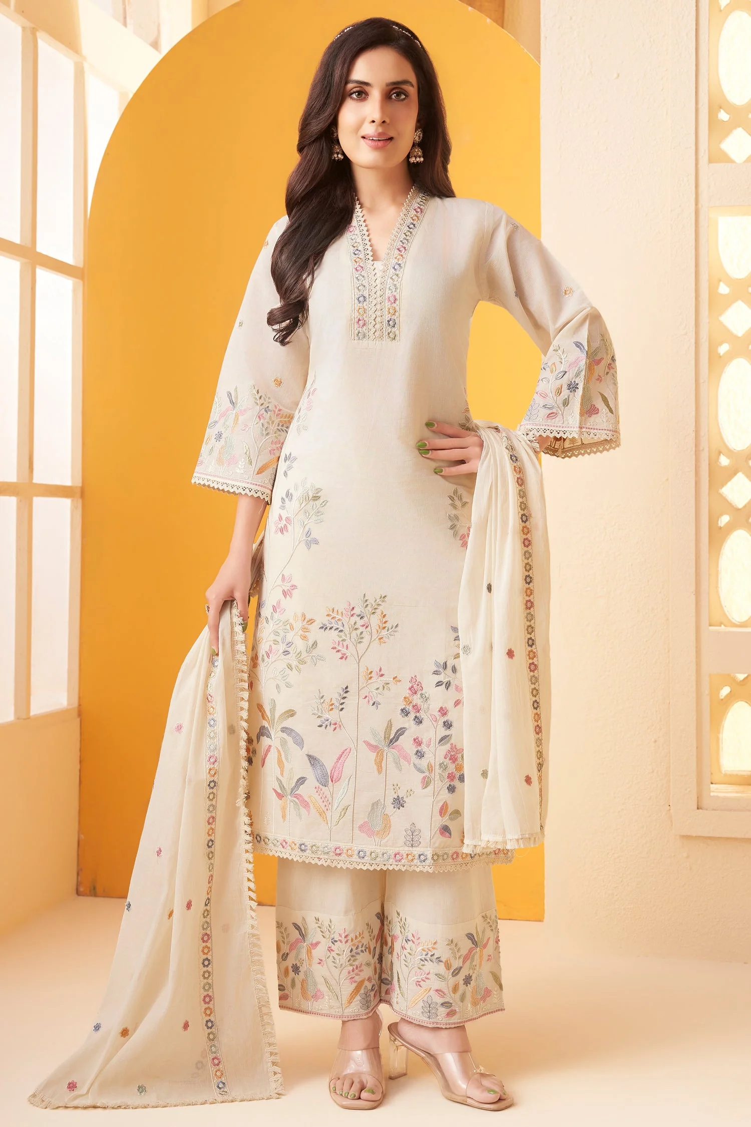 Off White Georgette Thread Embroidered Straight Cut Suit - Image 2