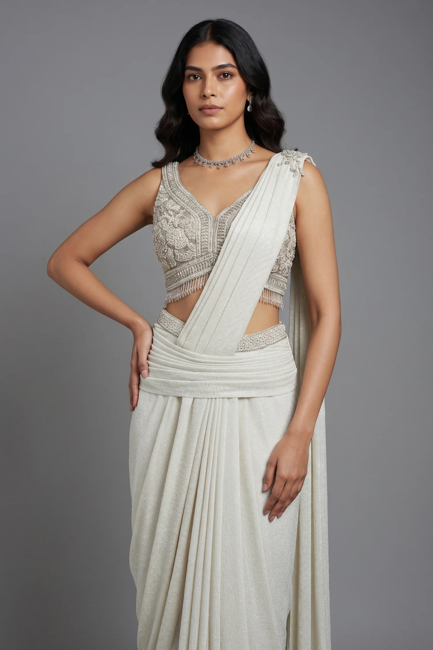 Off White Imported Lycra Readymade Saree with Cutdana and Diamond Work - Image 2