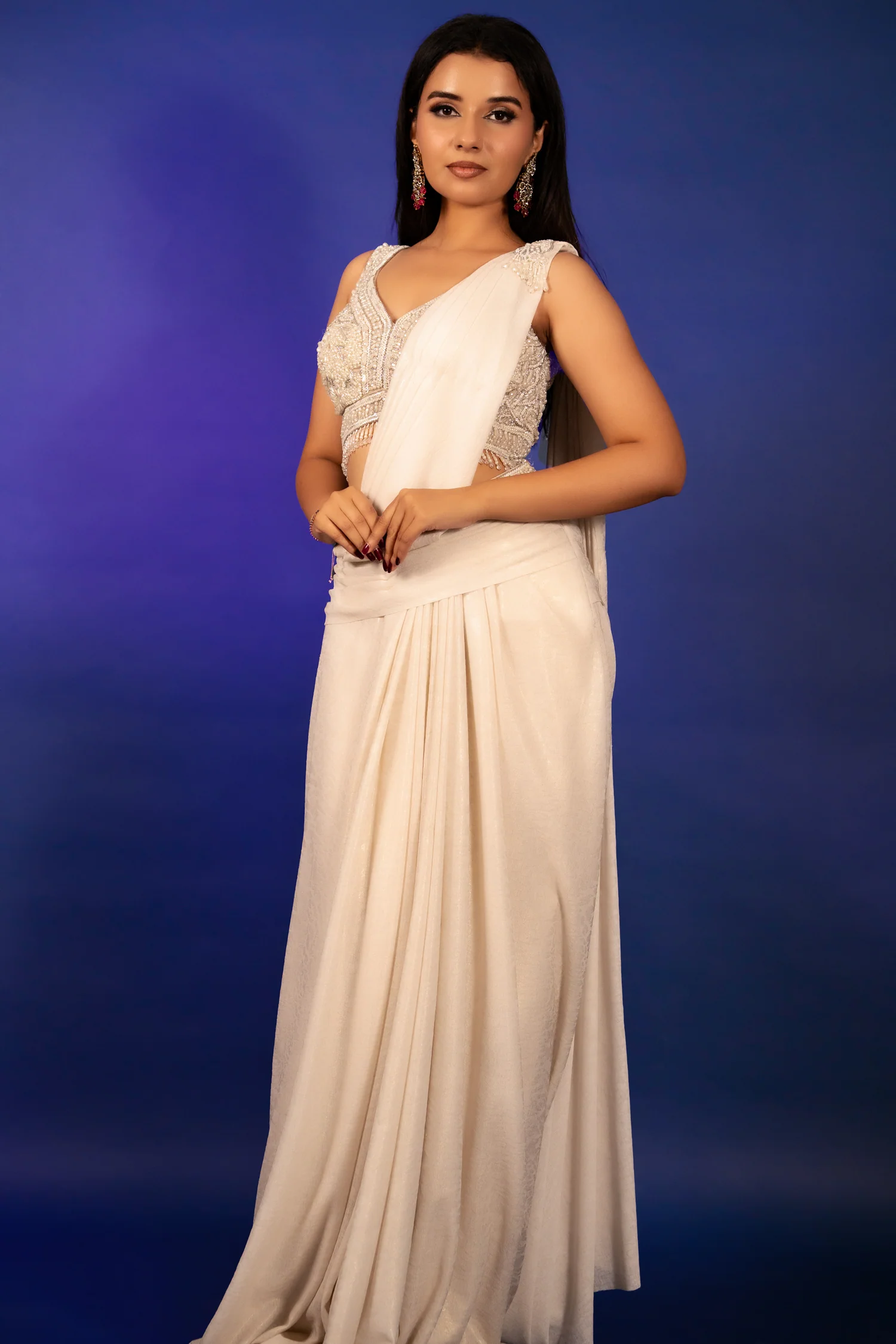 Off White Imported Lycra Readymade Saree with Cutdana and Diamond Work - Image 4