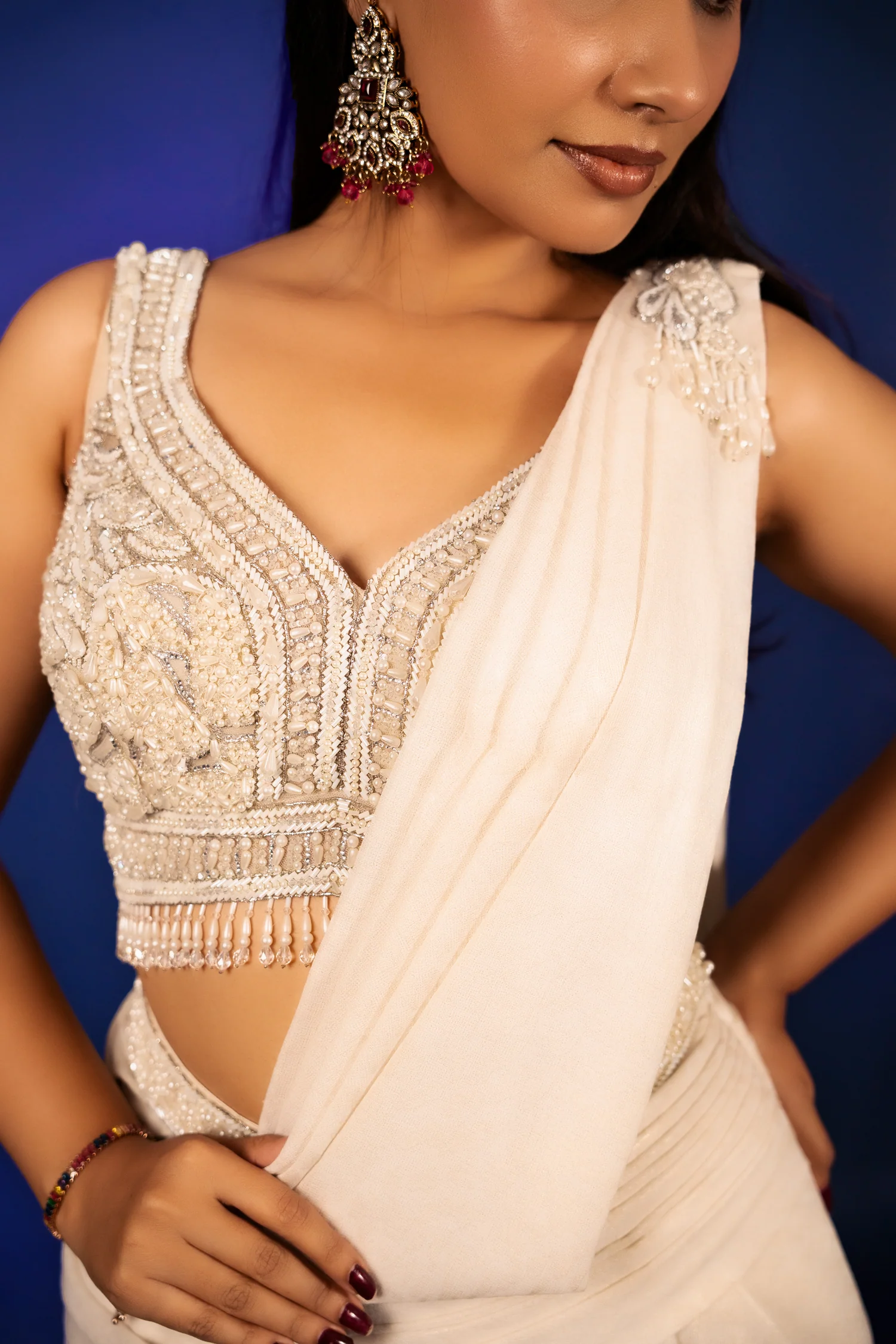 Off White Imported Lycra Readymade Saree with Cutdana and Diamond Work - Image 6