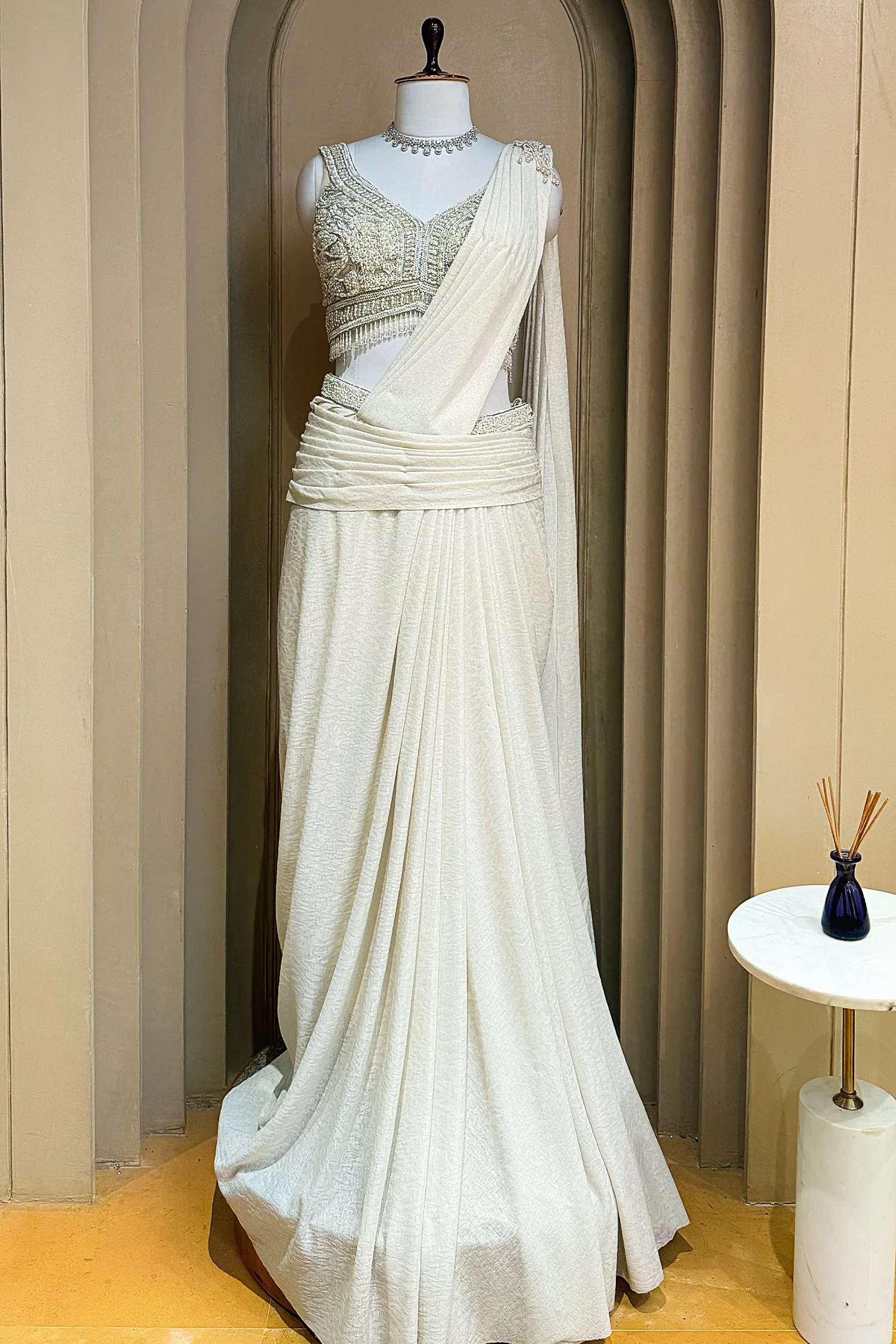 Off White Imported Lycra Readymade Saree with Cutdana and Diamond Work - Image 8