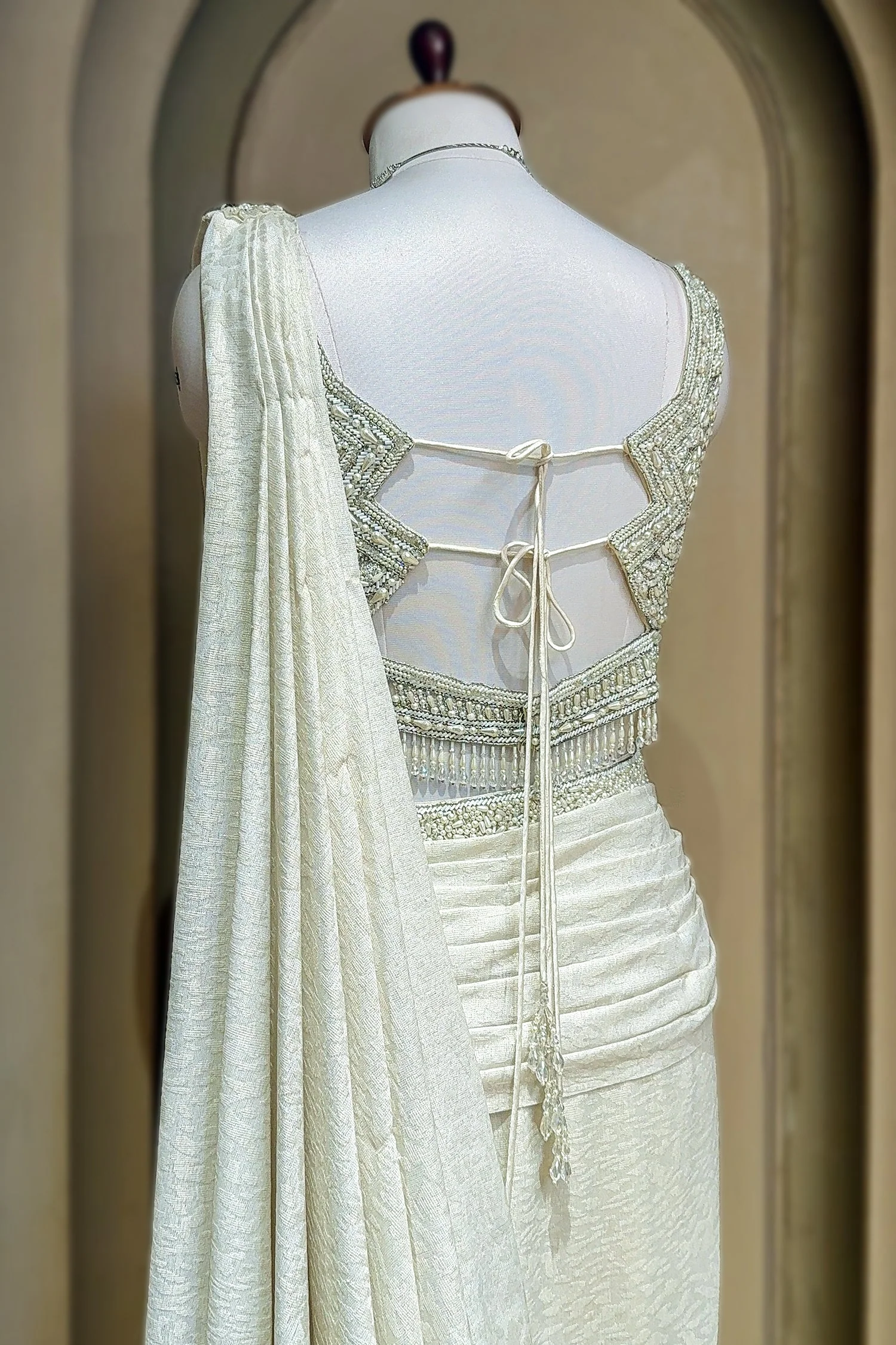 Off White Imported Lycra Readymade Saree with Cutdana and Diamond Work - Image 9