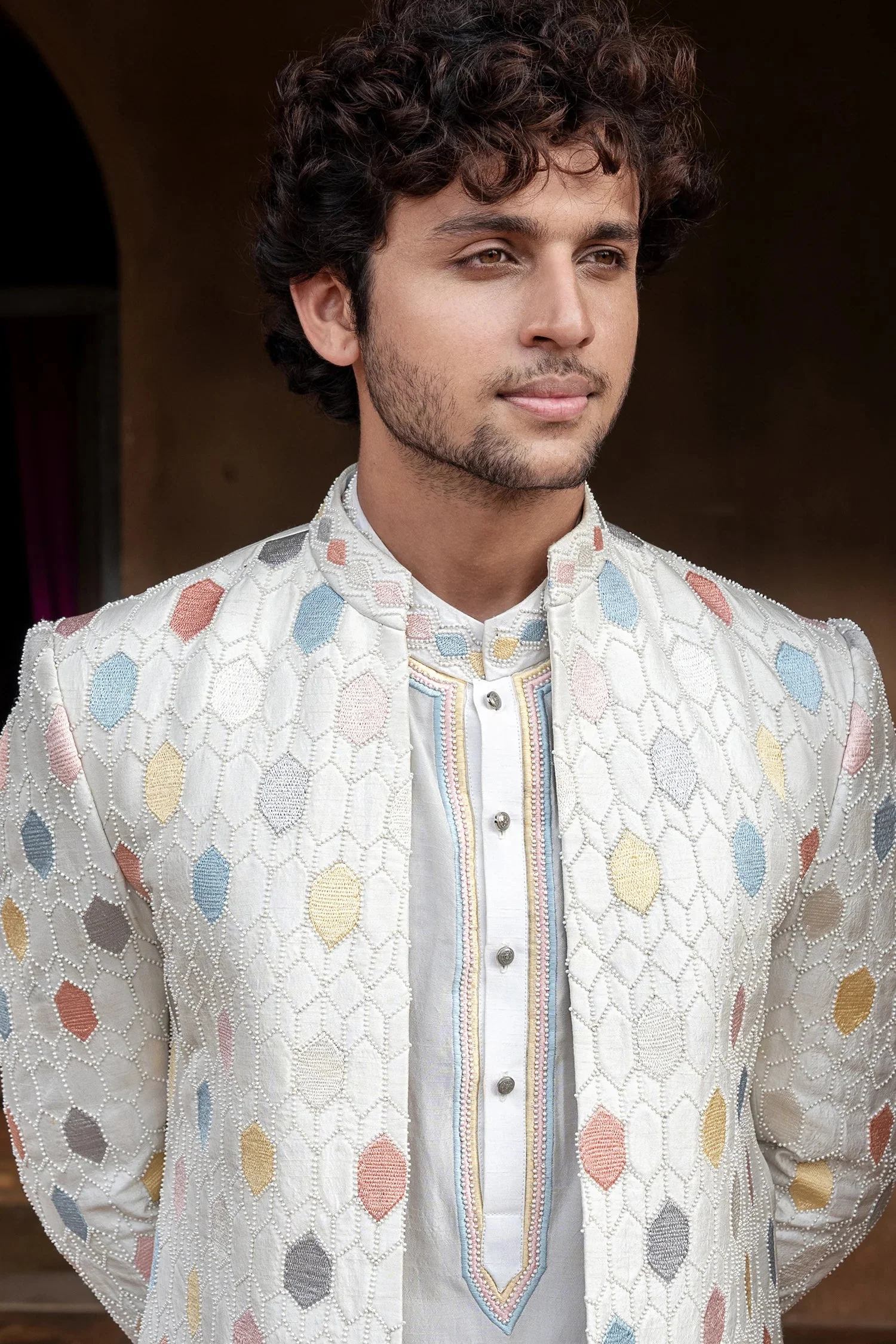 Off White Jodhpuri Kurta Set in Silk with Multi Colored Embroidery and Beads Work Jacket - Image 2