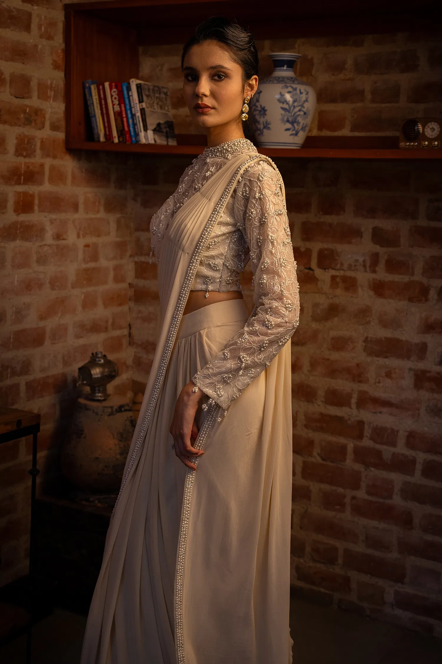 Off White Lycra Ready to Wear Saree with Embellished Beaded and Sequin Long Sleeve Crew Neck Blouse - Image 4