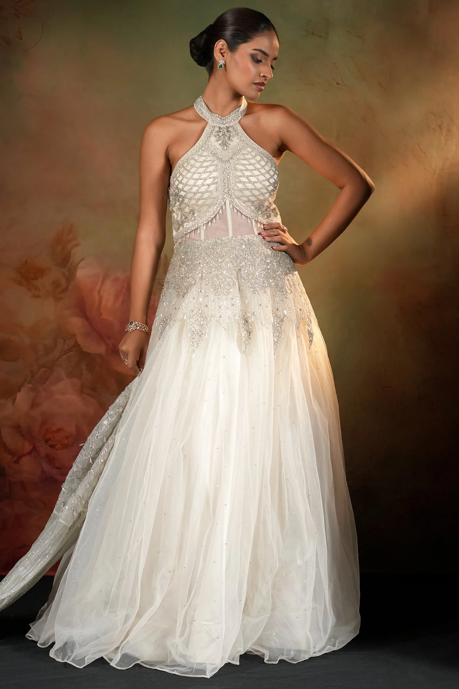 Off White Net Designer Halter Neck Anarkali Suit with Cape Jacket - Image 3