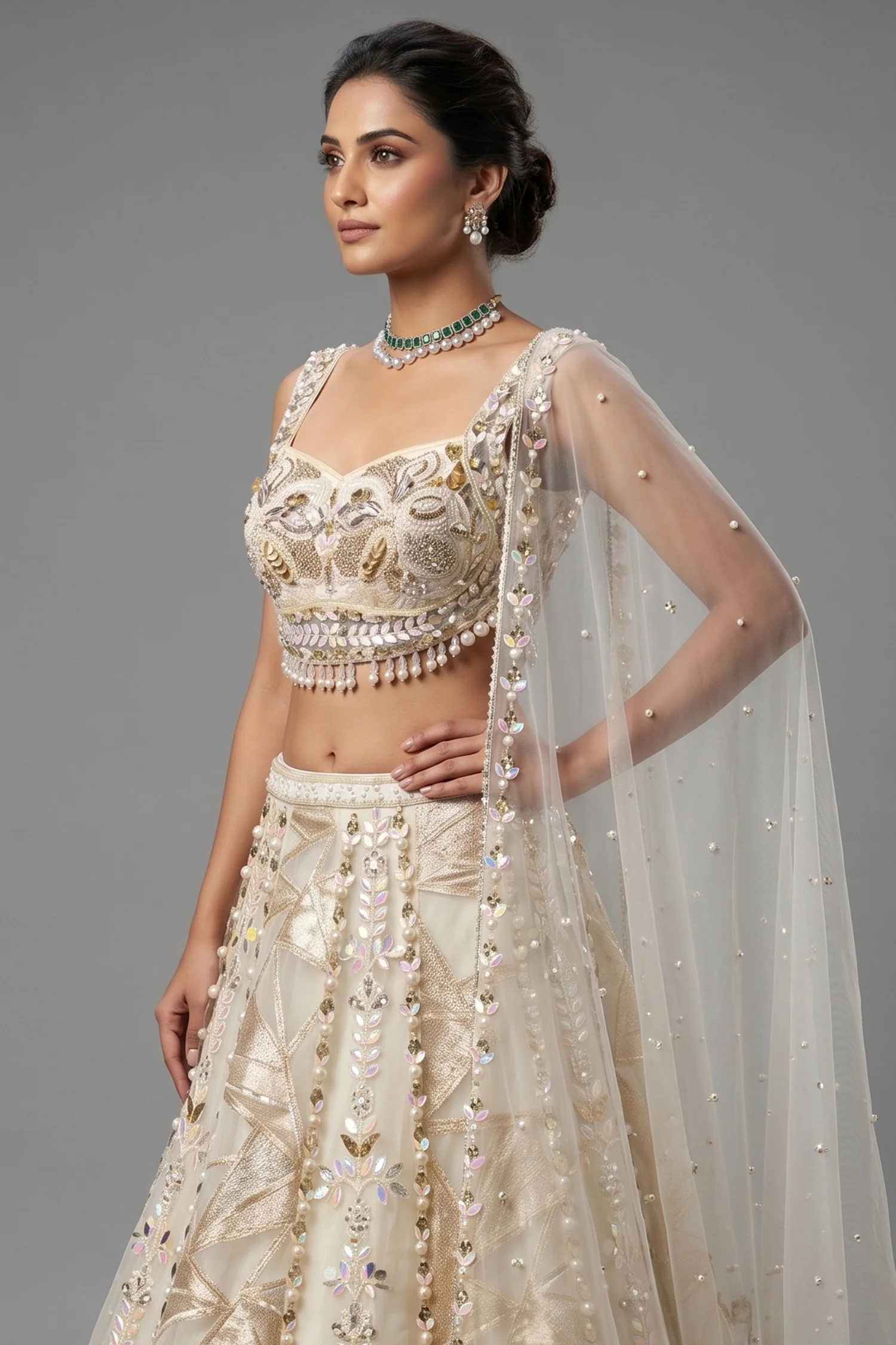 Off White Organza Designer Lehenga with Beads and Applique Work - Image 2