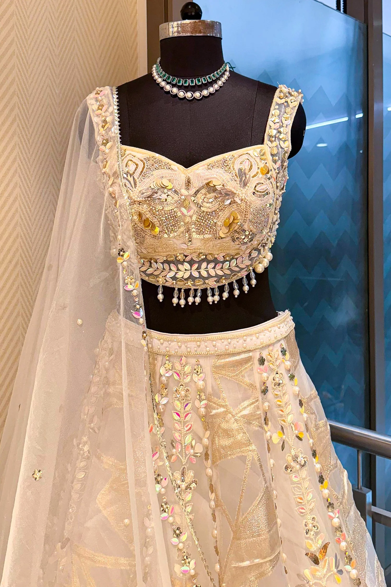 Off White Organza Designer Lehenga with Beads and Applique Work - Image 5