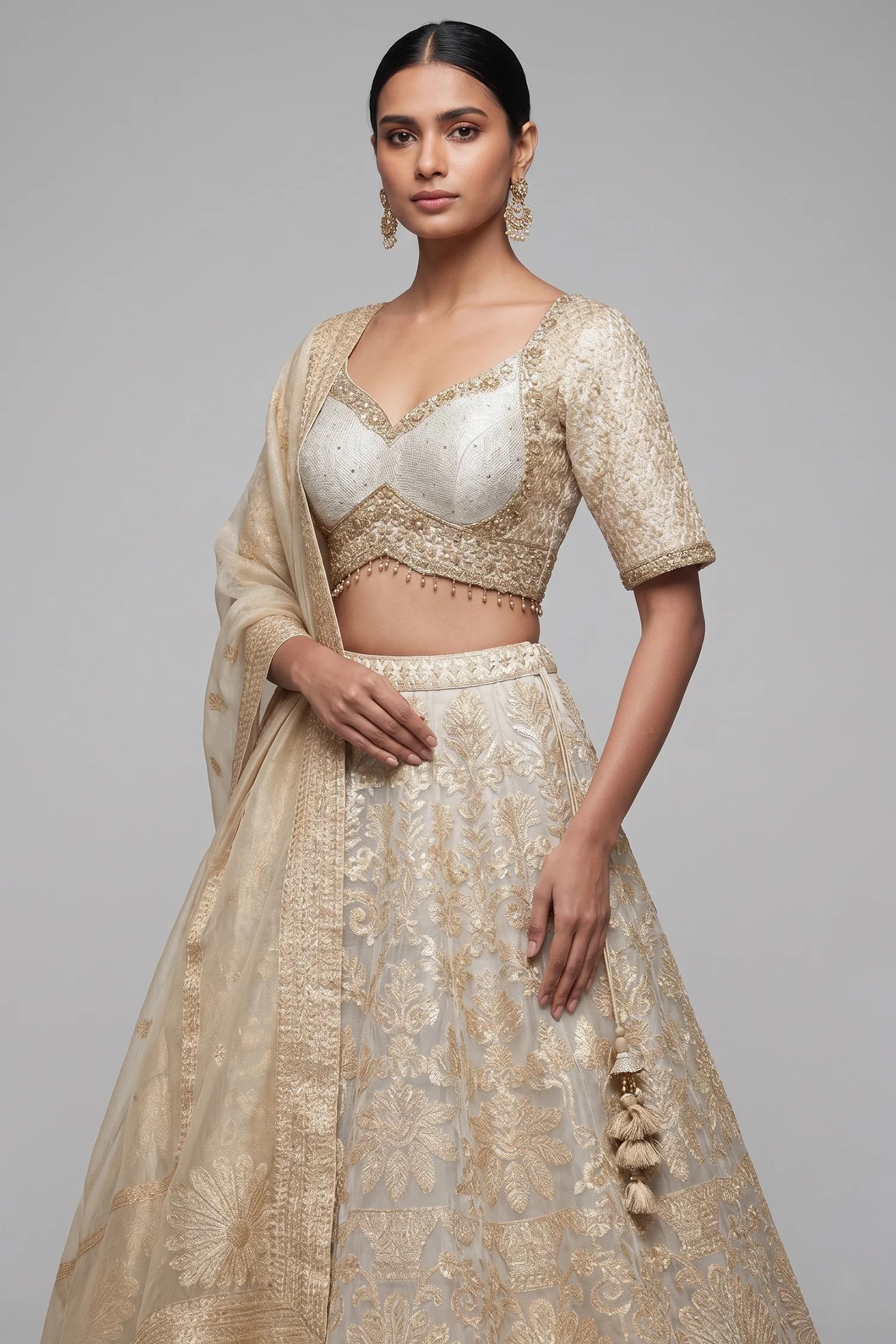Off White Organza Woven Lehenga - Image 2
