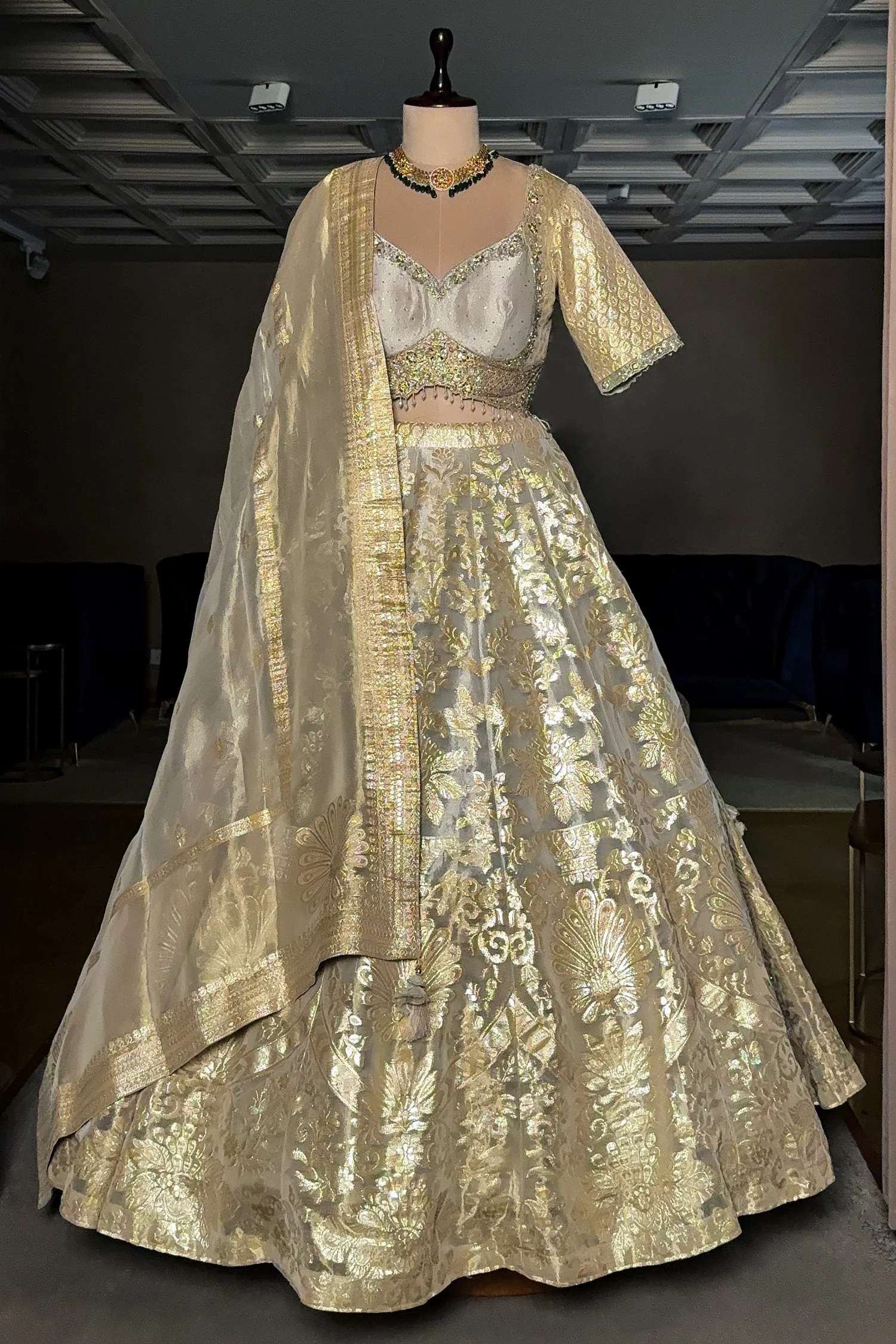 Off White Organza Woven Lehenga - Image 3
