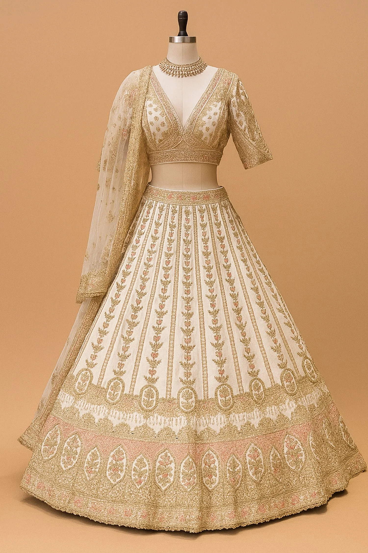 Off White Raw Silk Bridal Lehenga with Zardosi and Resham Work - Image 2