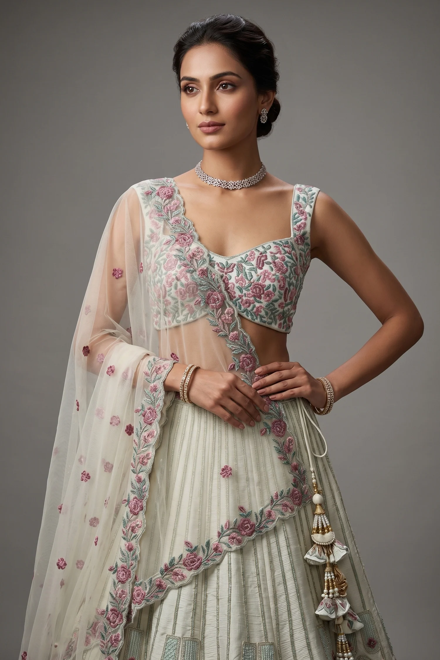 Off White Raw Silk Floral Embroidered Lehenga - Image 2