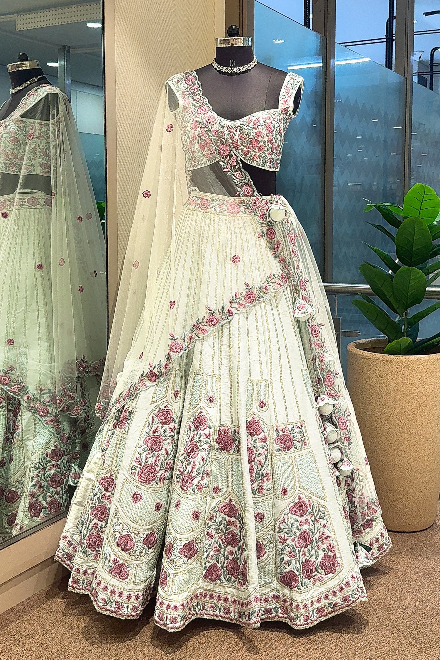 Off White Raw Silk Floral Embroidered Lehenga - Image 3