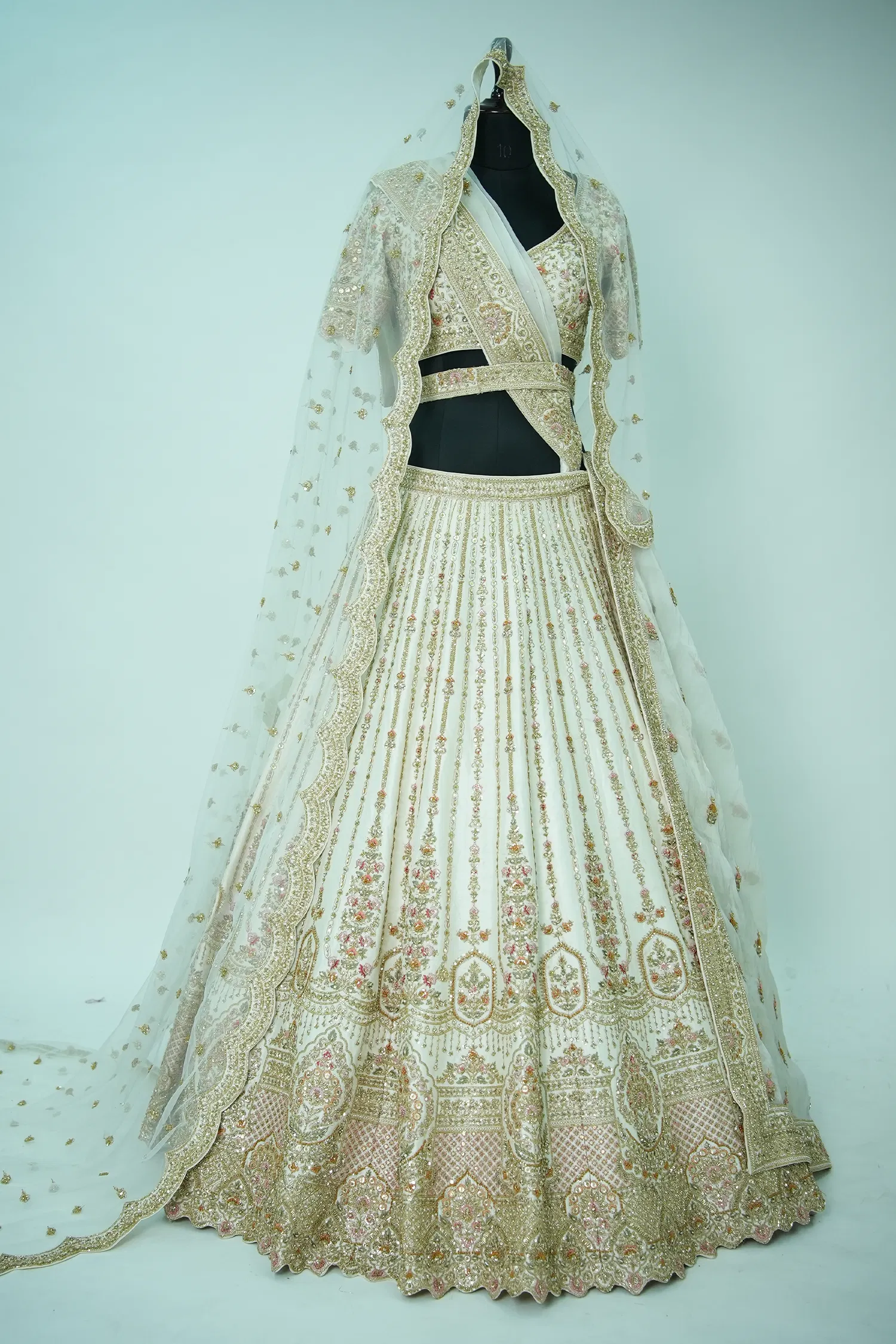 Off White Raw Silk Heavy Worked Bridal Lehenga - Image 2