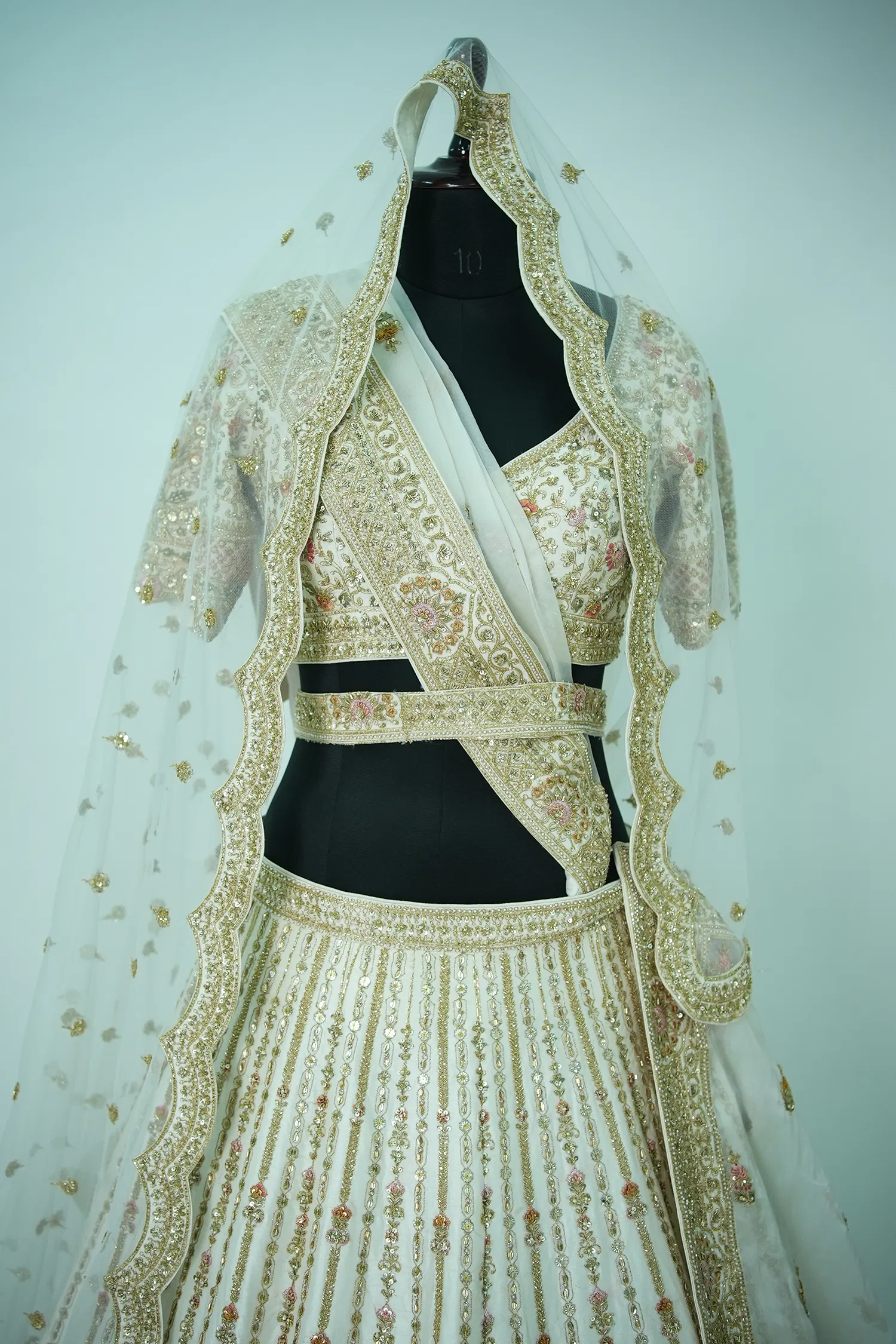 Off White Raw Silk Heavy Worked Bridal Lehenga - Image 3