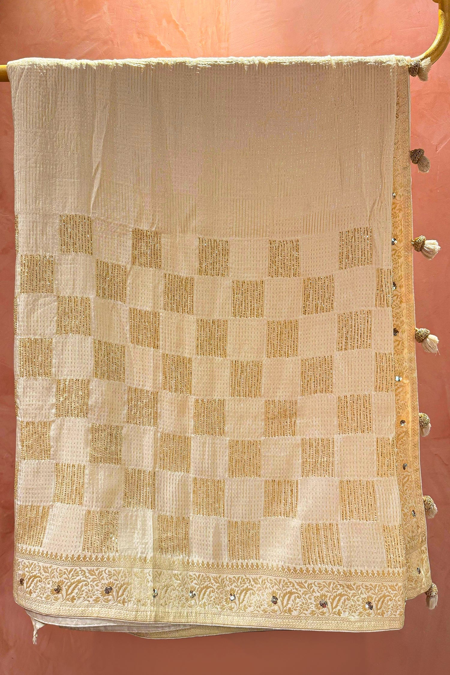 Off White Semi Silk Cutdana Worked Saree - Image 2