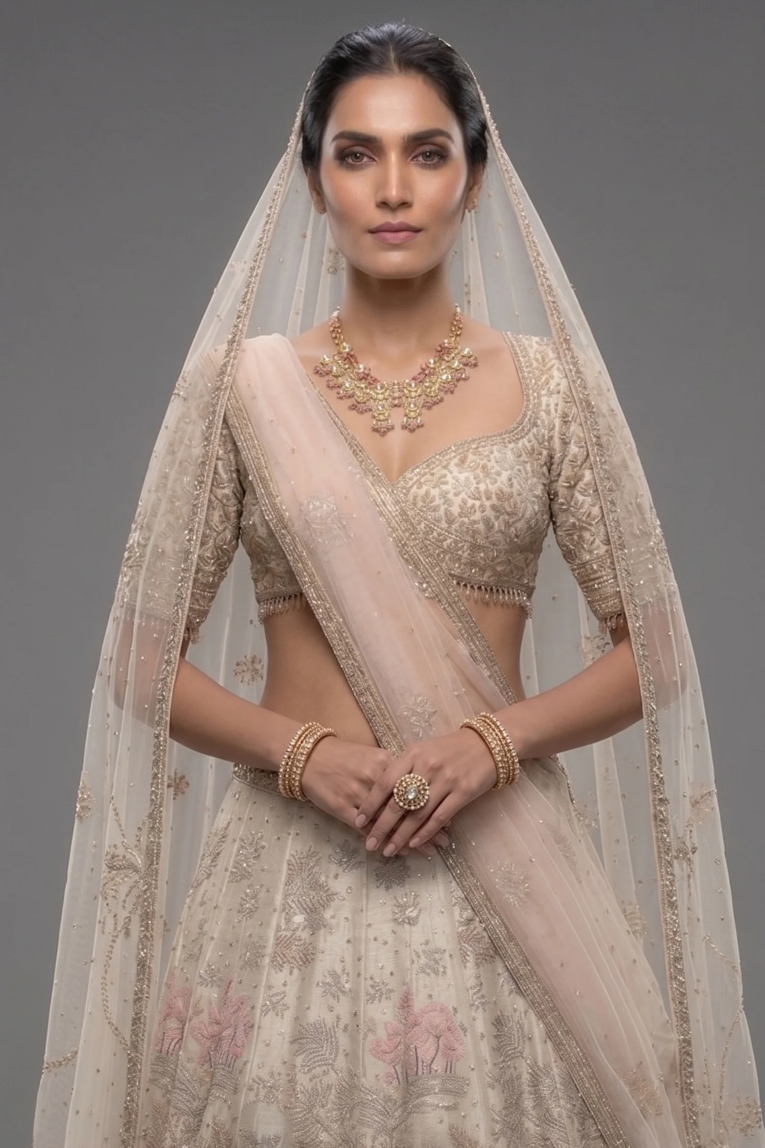 Off White Silk Flamingo Forest Embroidered Lehenga with Double Dupatta - Image 2