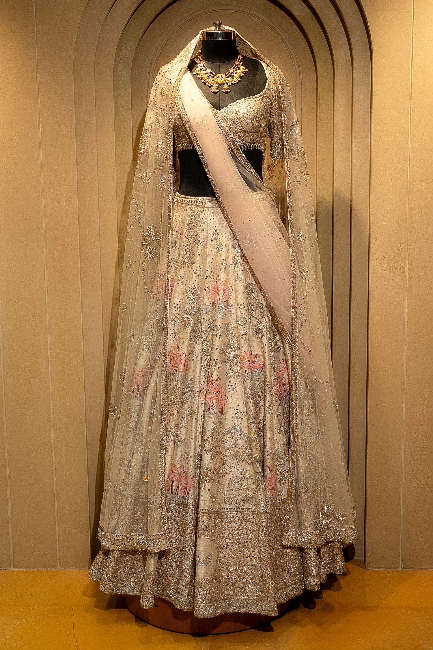 Off White Silk Flamingo Forest Embroidered Lehenga with Double Dupatta - Image 3