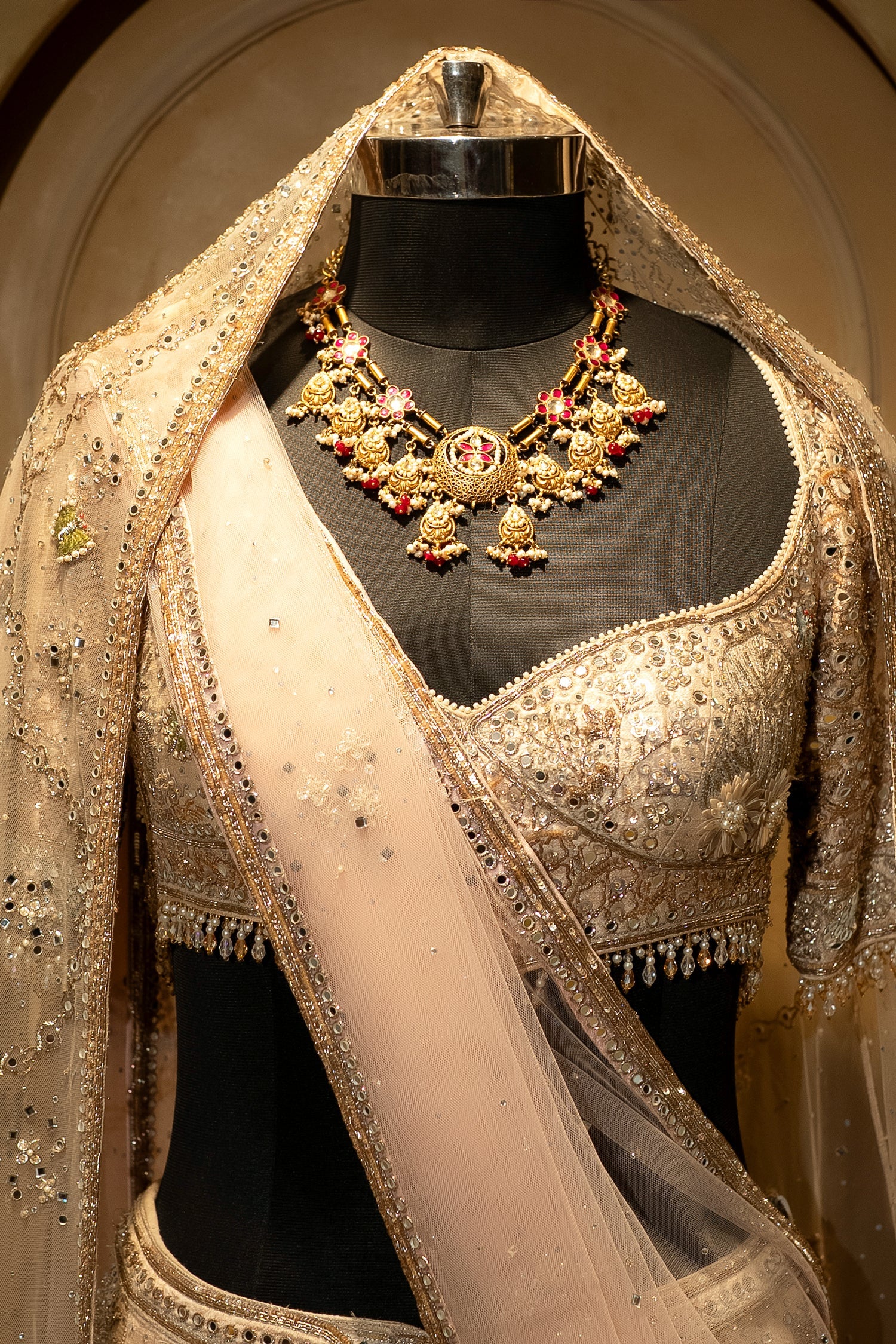 Off White Silk Flamingo Forest Embroidered Lehenga with Double Dupatta - Image 4