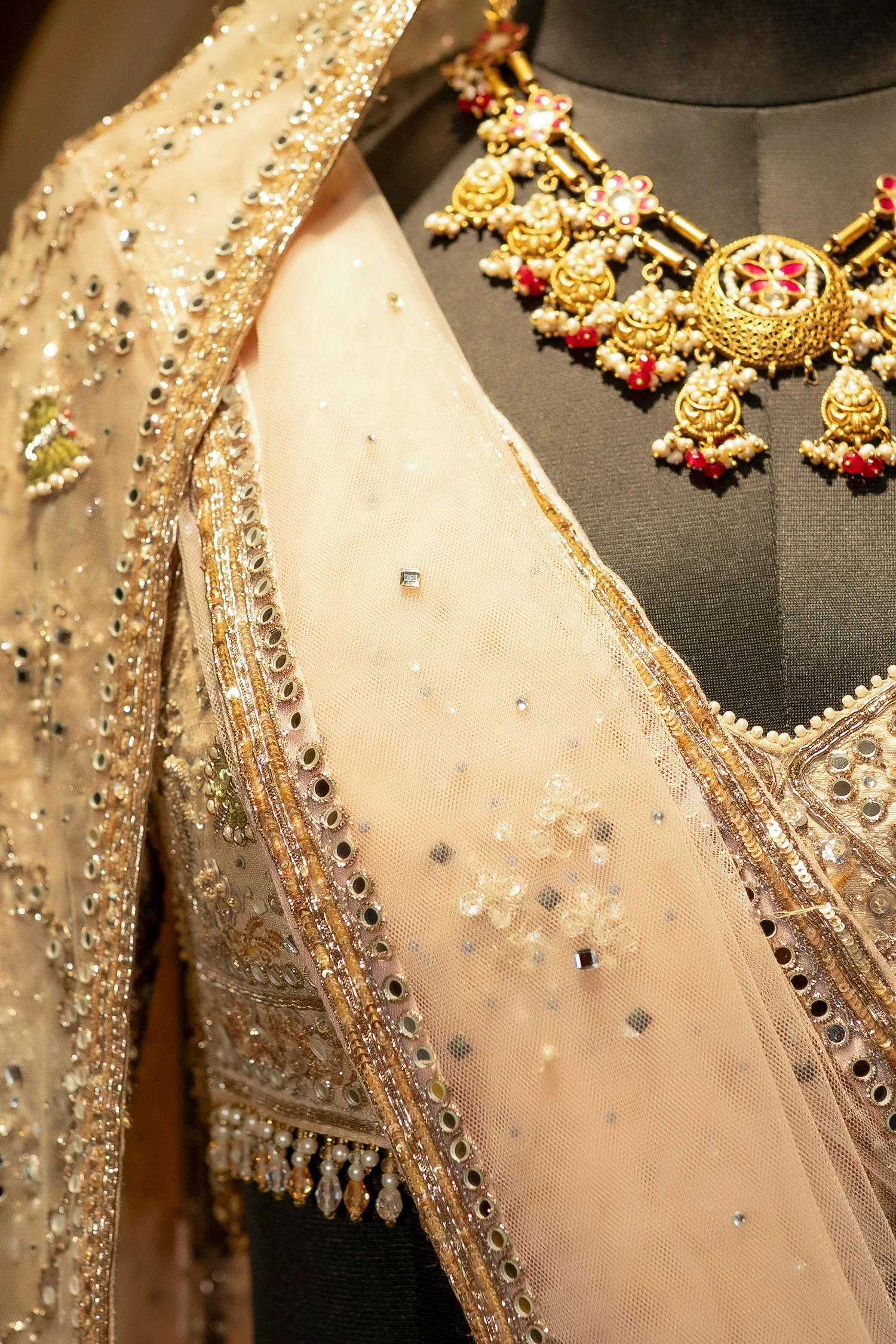 Off White Silk Flamingo Forest Embroidered Lehenga with Double Dupatta - Image 5