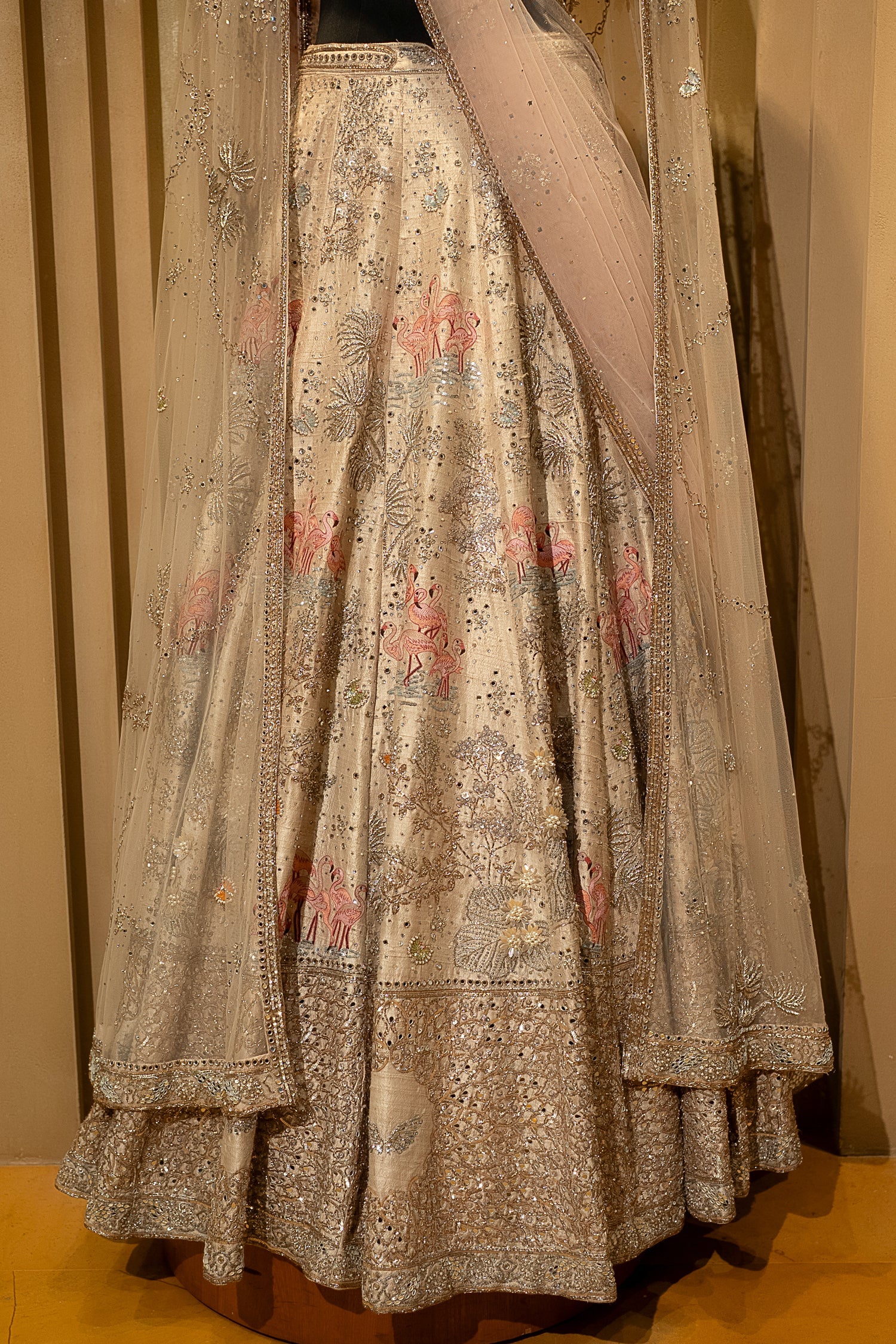 Off White Silk Flamingo Forest Embroidered Lehenga with Double Dupatta - Image 6