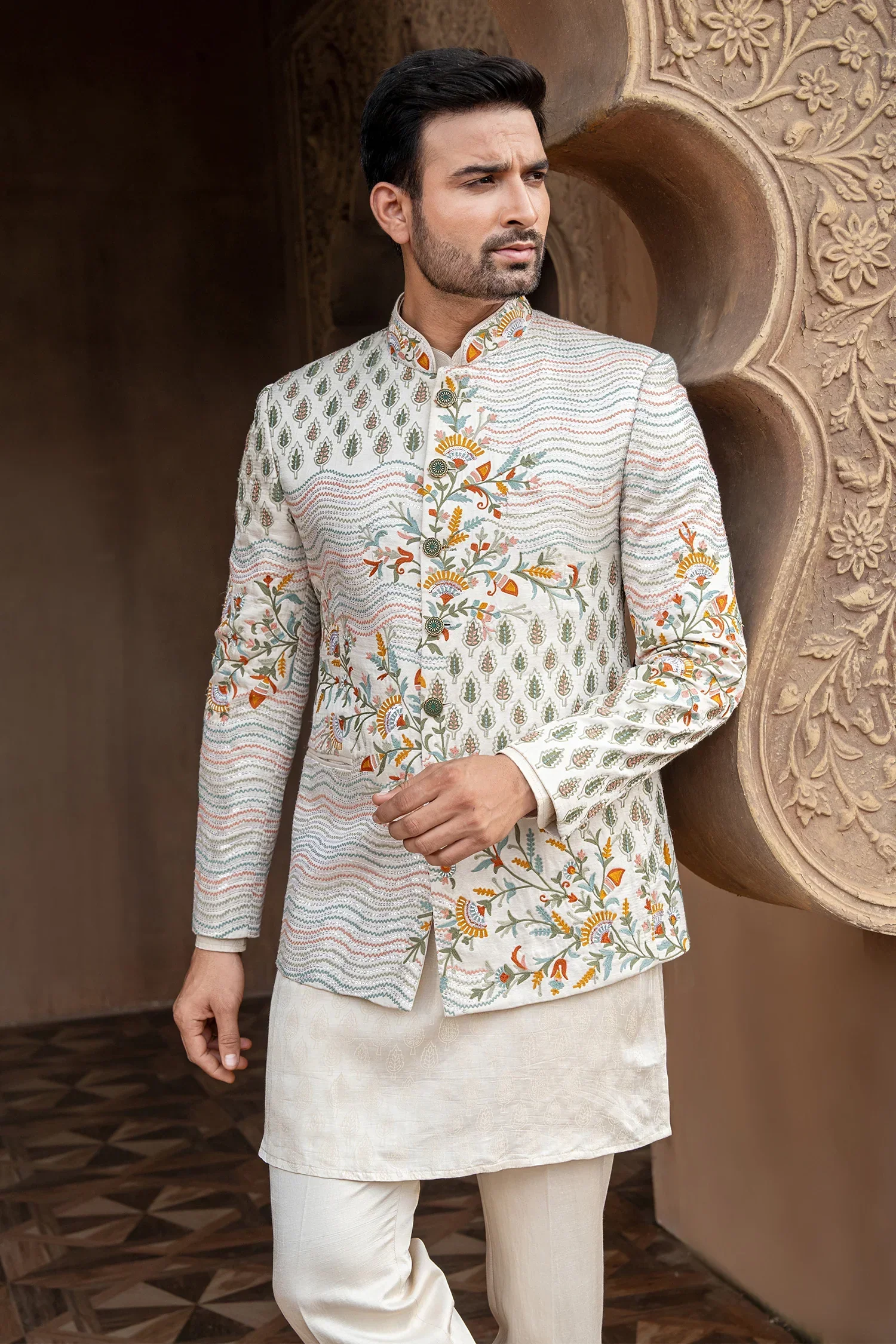 Off White Silk Jodhpuri Kurta Set with Multi Colored Thread Embroidery Work Jacket - Image 2