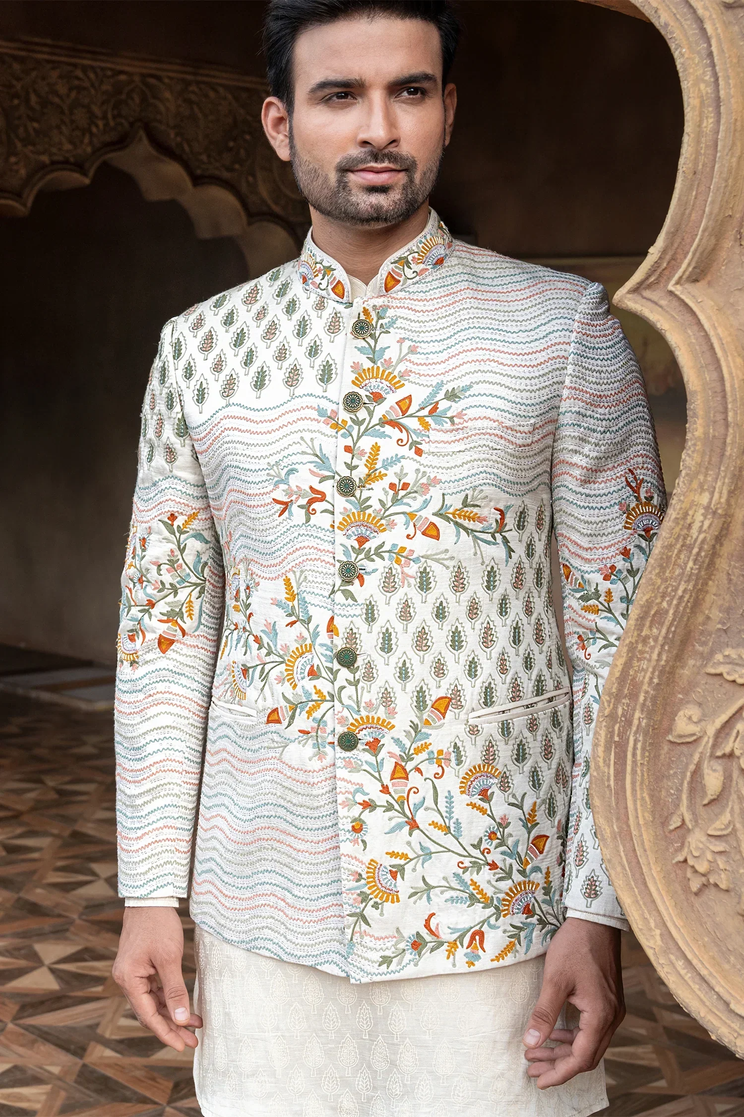 Off White Silk Jodhpuri Kurta Set with Multi Colored Thread Embroidery Work Jacket - Image 3