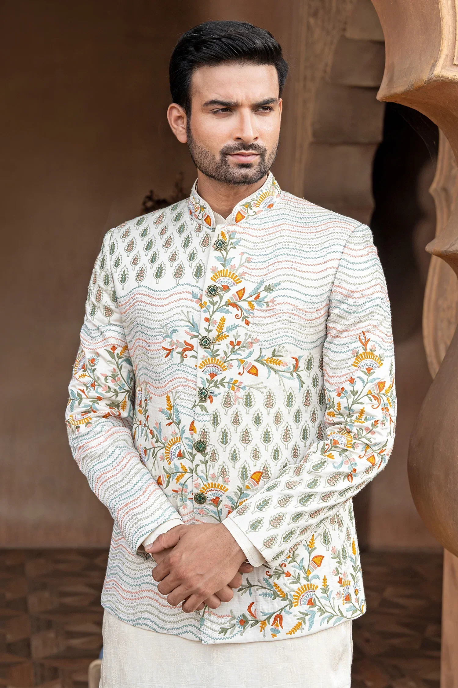 Off White Silk Jodhpuri Kurta Set with Multi Colored Thread Embroidery Work Jacket - Image 4