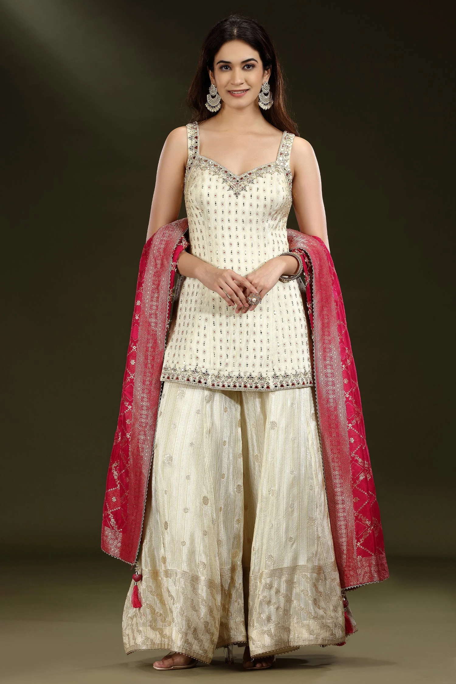 Off White Silk Mirror Worked Palazzo Set