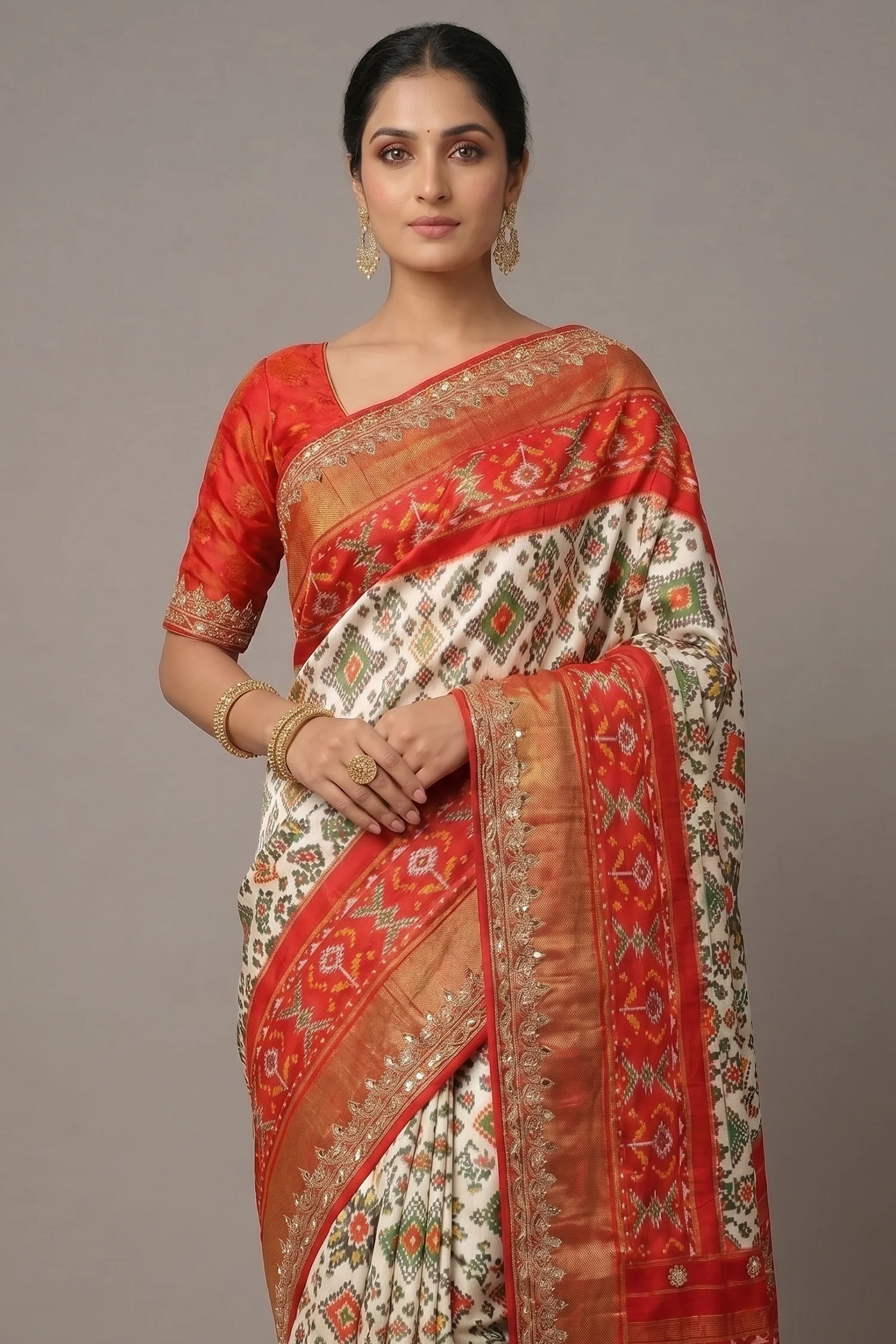 Off White Silk Traditional Patola Saree with Gota Work - Image 2