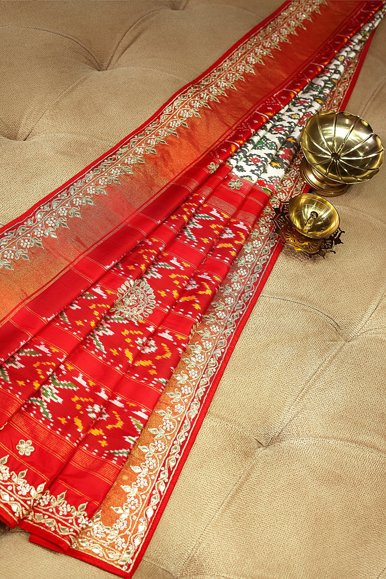 Off White Silk Traditional Patola Saree with Gota Work - Image 3