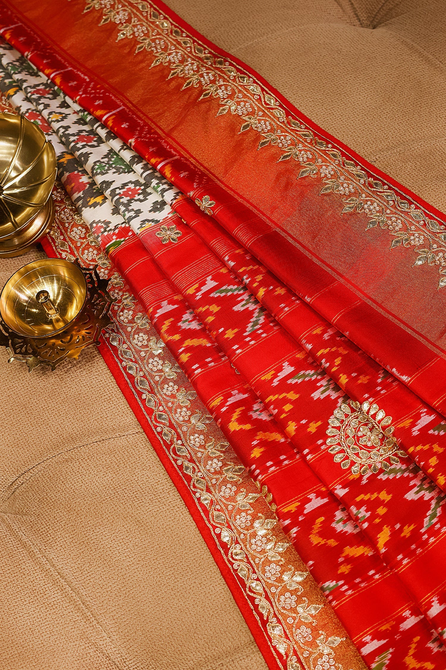 Off White Silk Traditional Patola Saree with Gota Work - Image 4