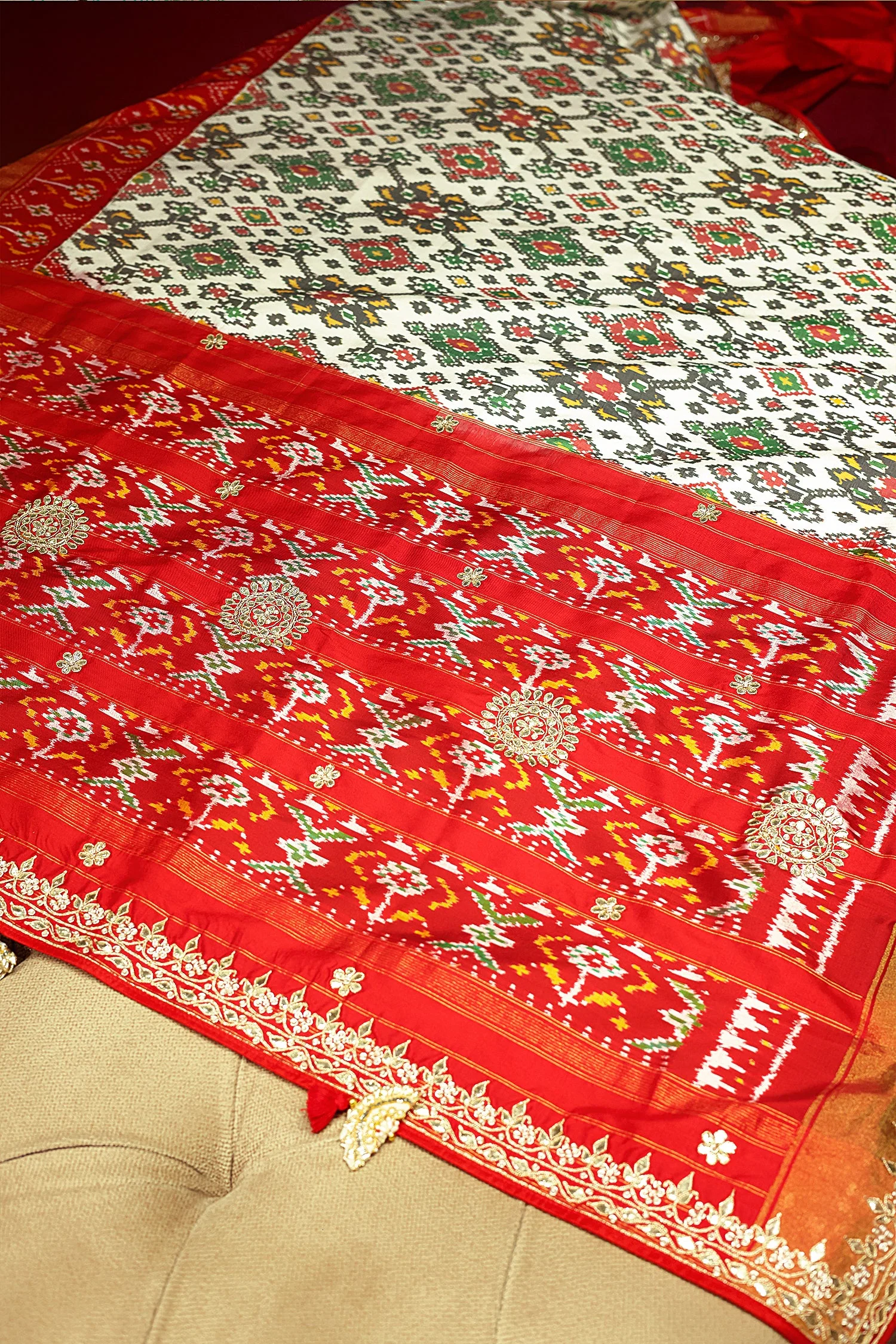 Off White Silk Traditional Patola Saree with Gota Work - Image 5