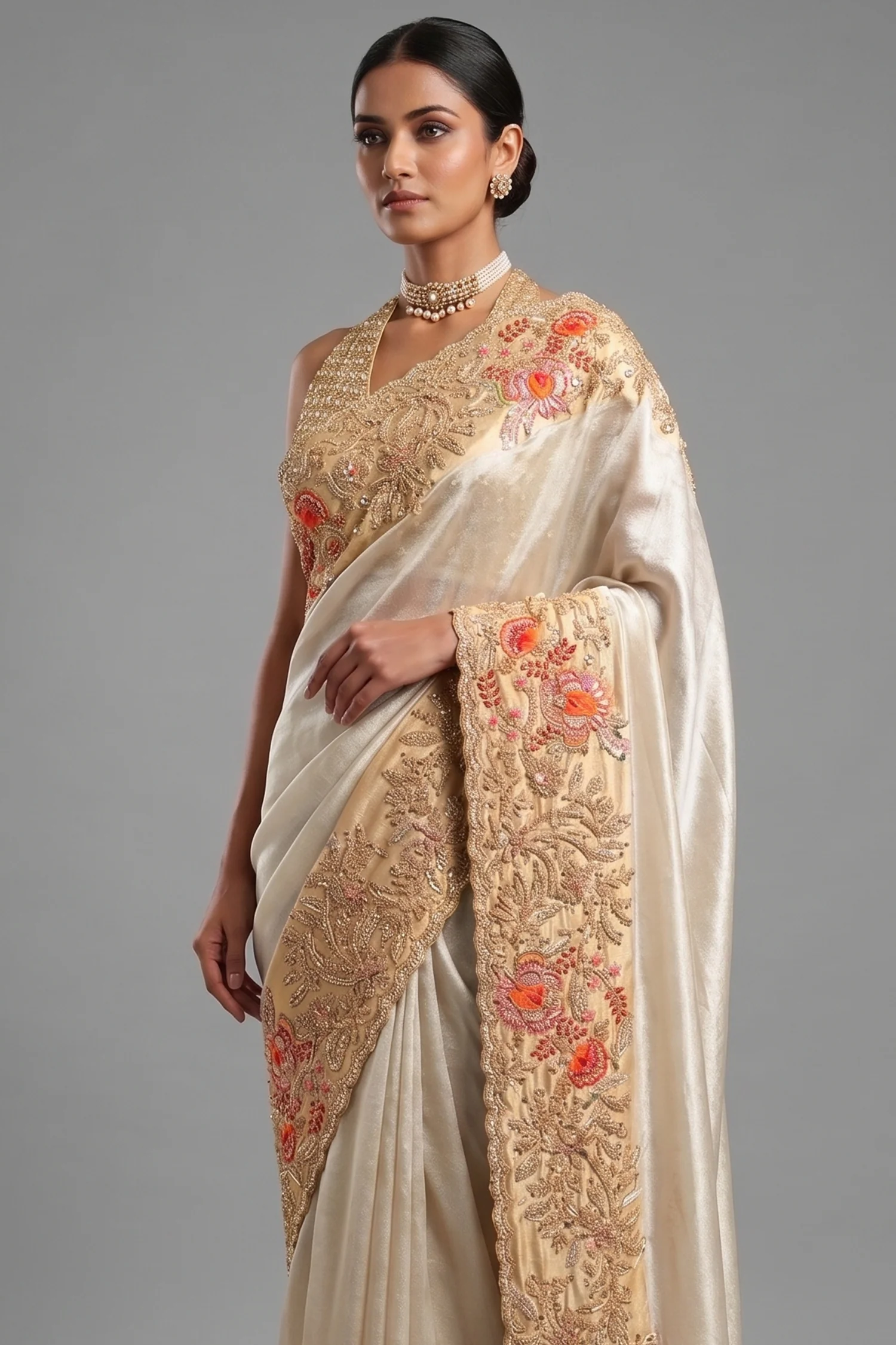 Off White Tissue Saree with Contrast Floral Embroidery and Sequin Beaded Work Border - Image 2