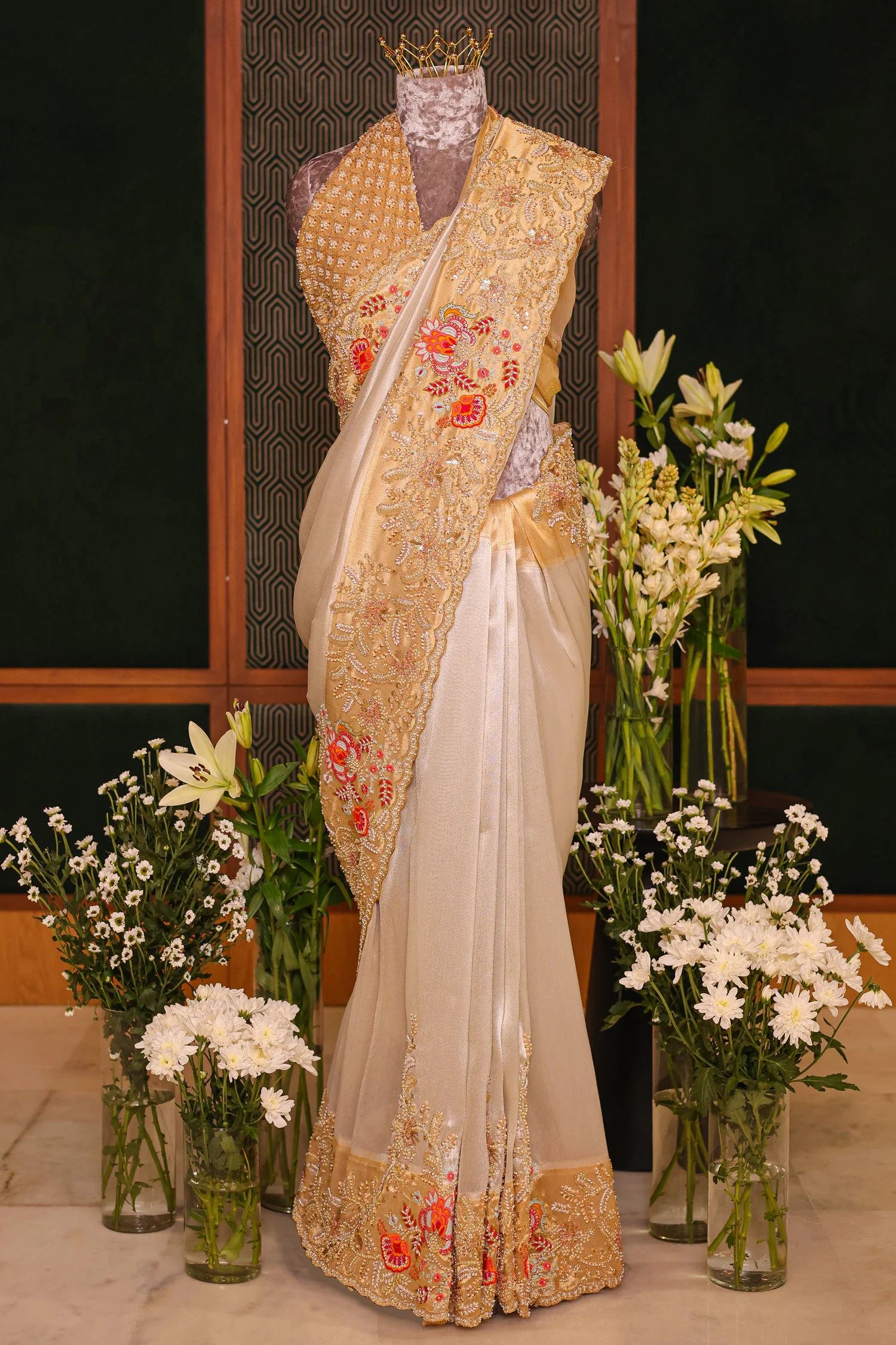 Off White Tissue Saree with Contrast Floral Embroidery and Sequin Beaded Work Border - Image 3