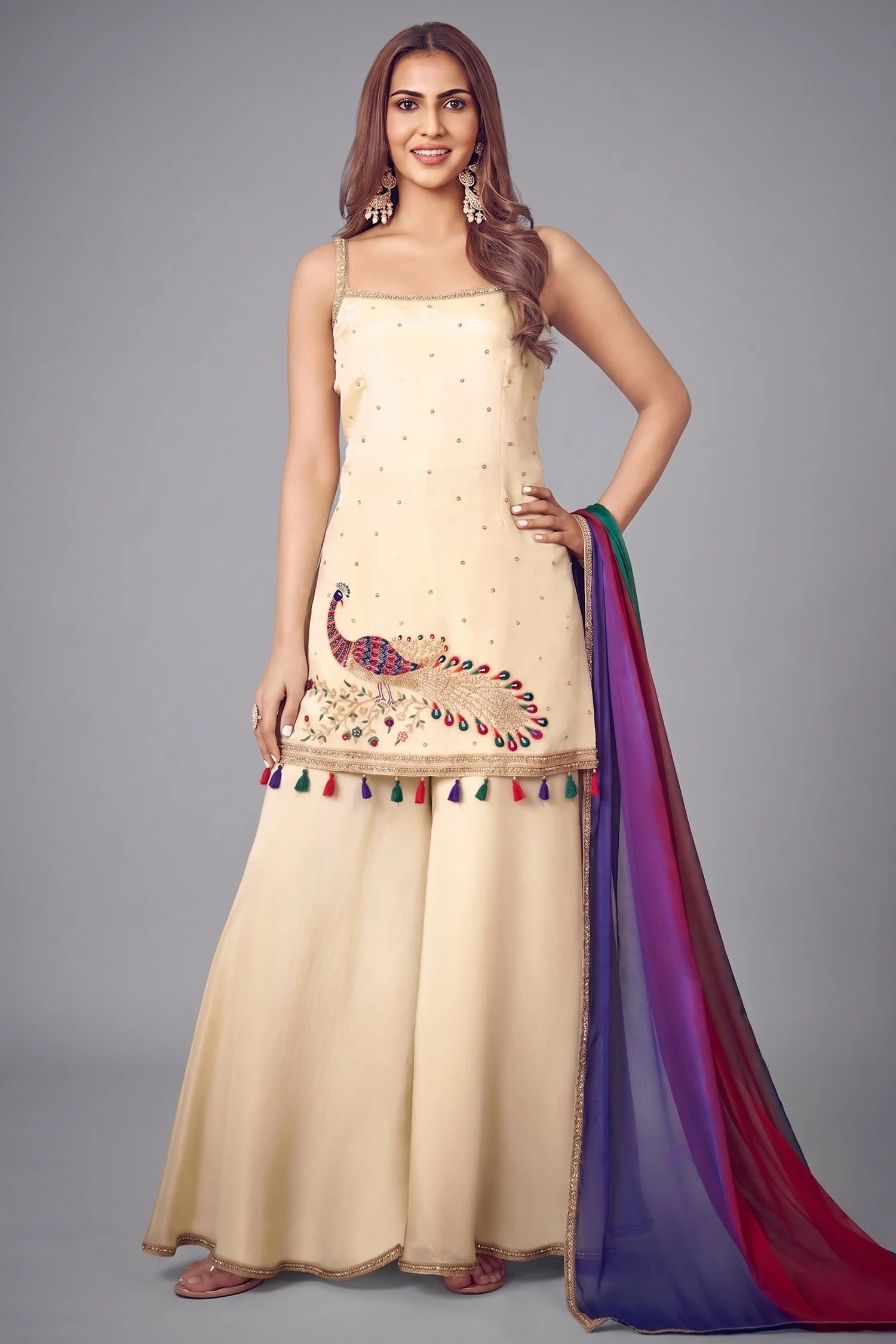 Off White Tissue Silk Embroidered Peacock Motif Palazzo Suit