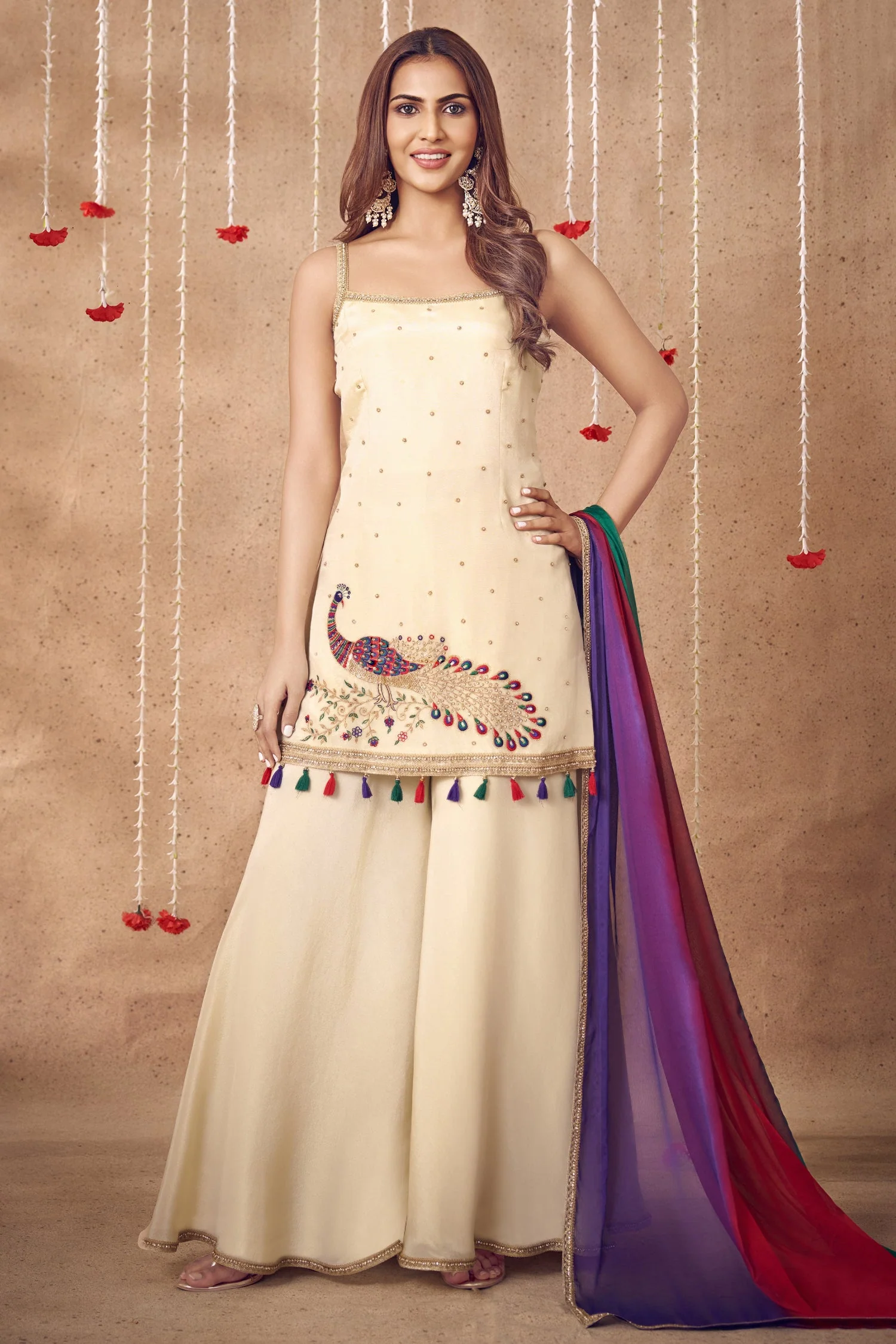 Off White Tissue Silk Embroidered Peacock Motif Palazzo Suit - Image 3