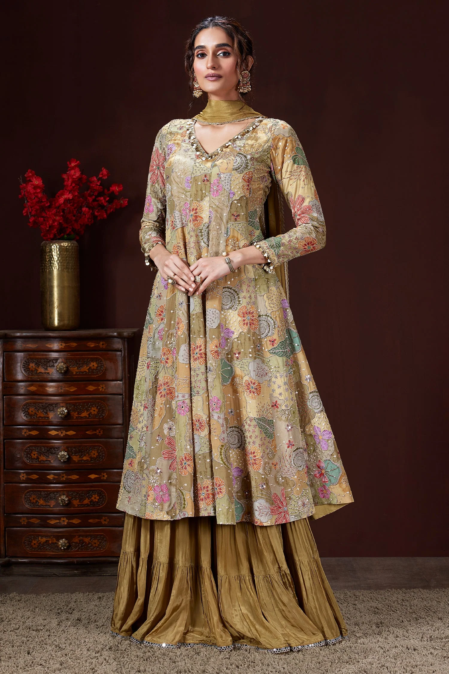 Olive Green and Multi Colored Crepe Satin Silk Palazzo Set - Image 2