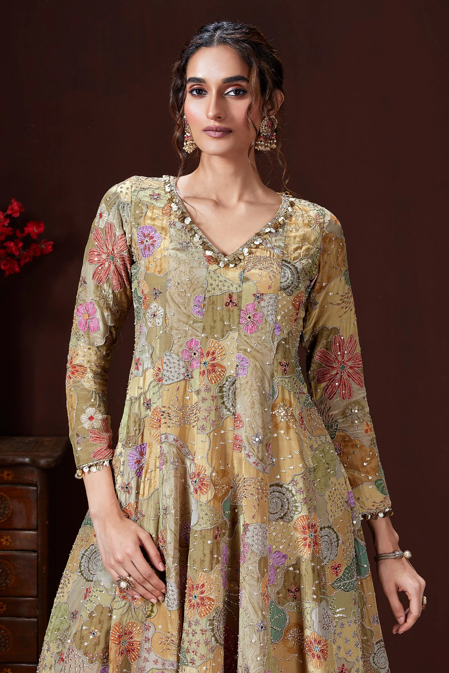 Olive Green and Multi Colored Crepe Satin Silk Palazzo Set - Image 3