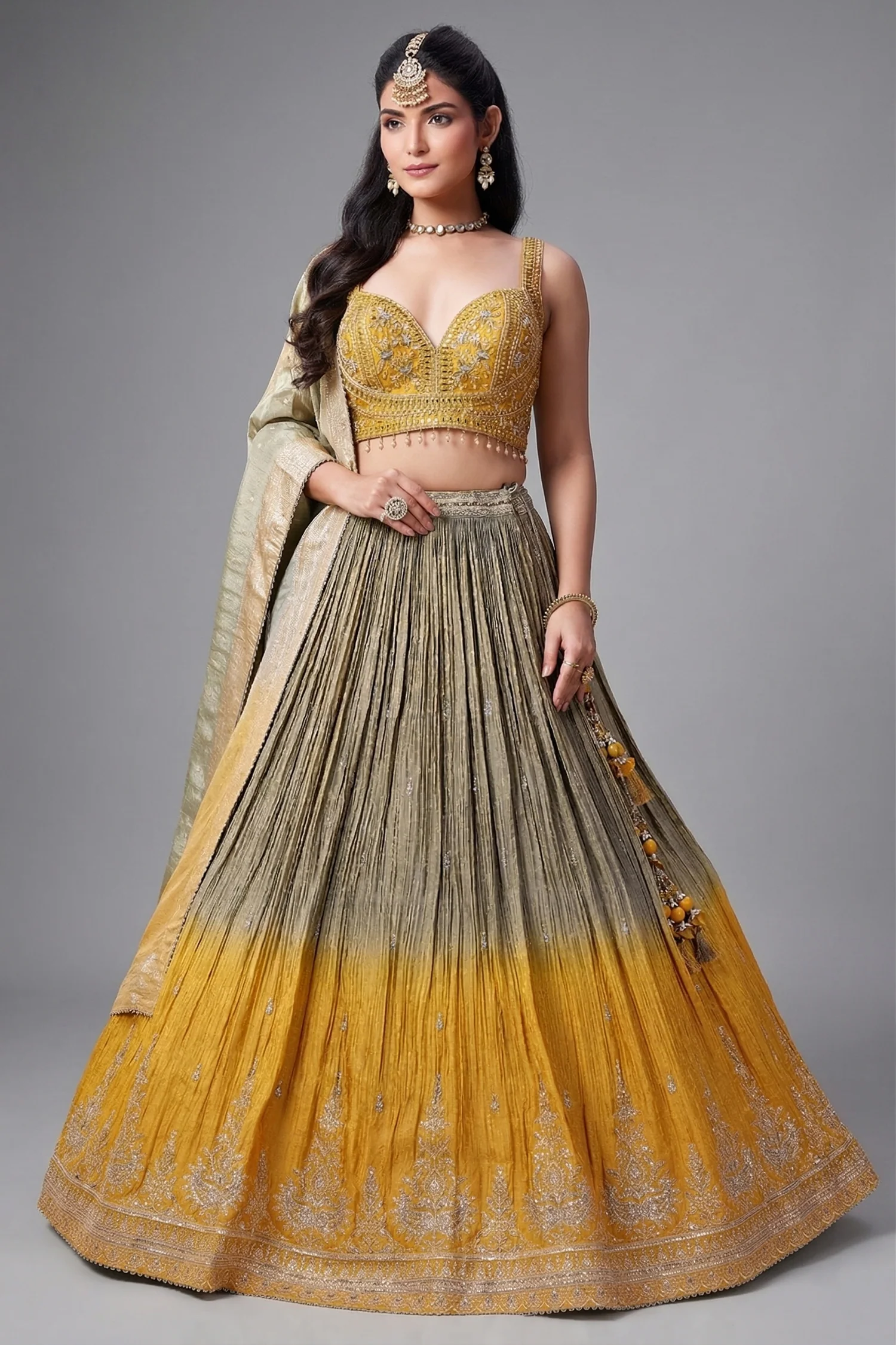 Olive Green and Yellow Ombre Chinon Sequin Embroidered Pleated Lehenga